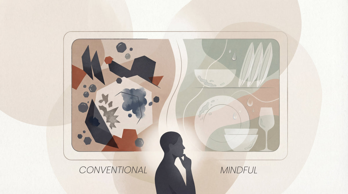 Rustic Strength, Man with hand to chin debating on conventional brand vs mindful brand