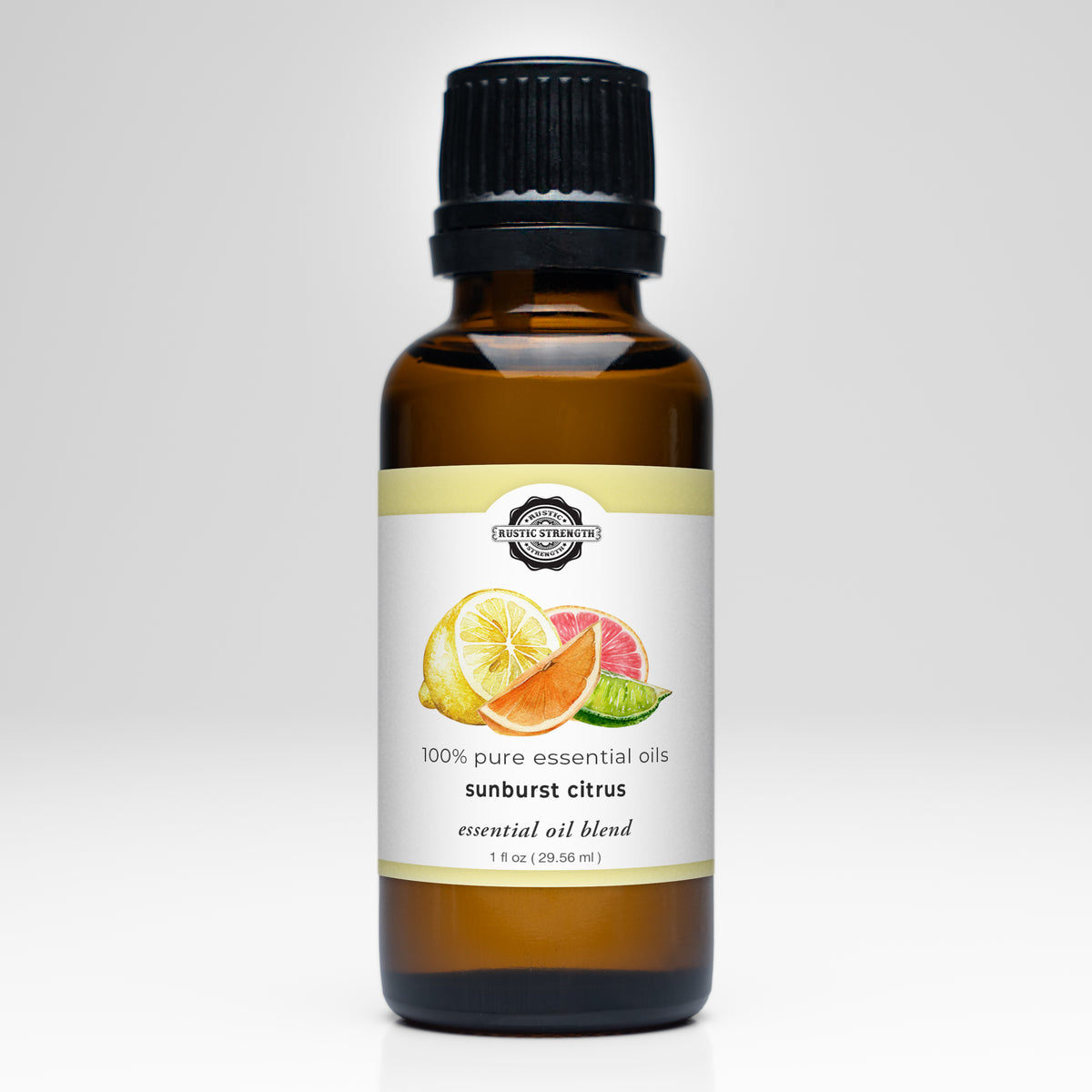 1oz bottle of Rustic Strength sunburst citrus essential oil blend