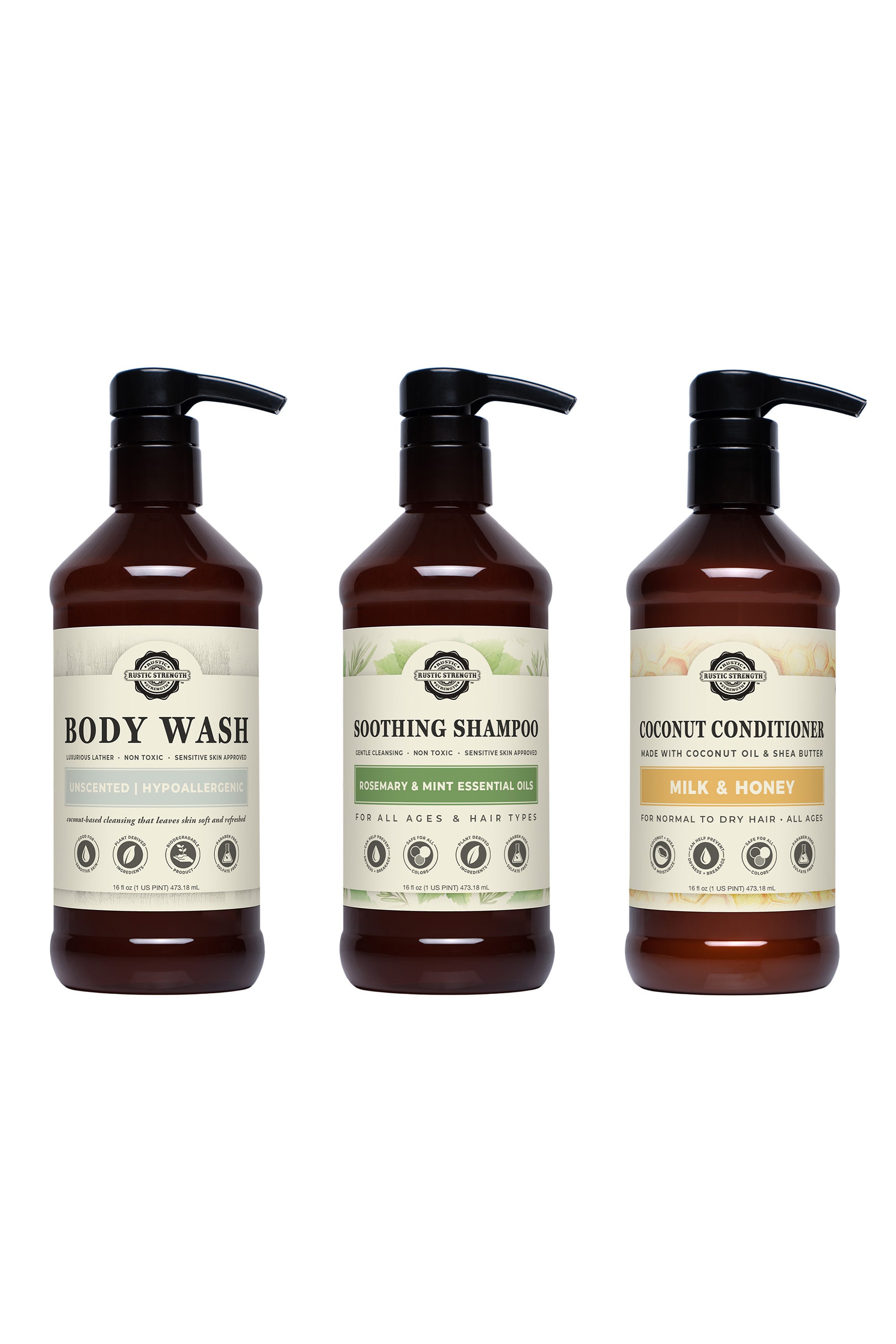 Three bottles of body care products with labels on a white background