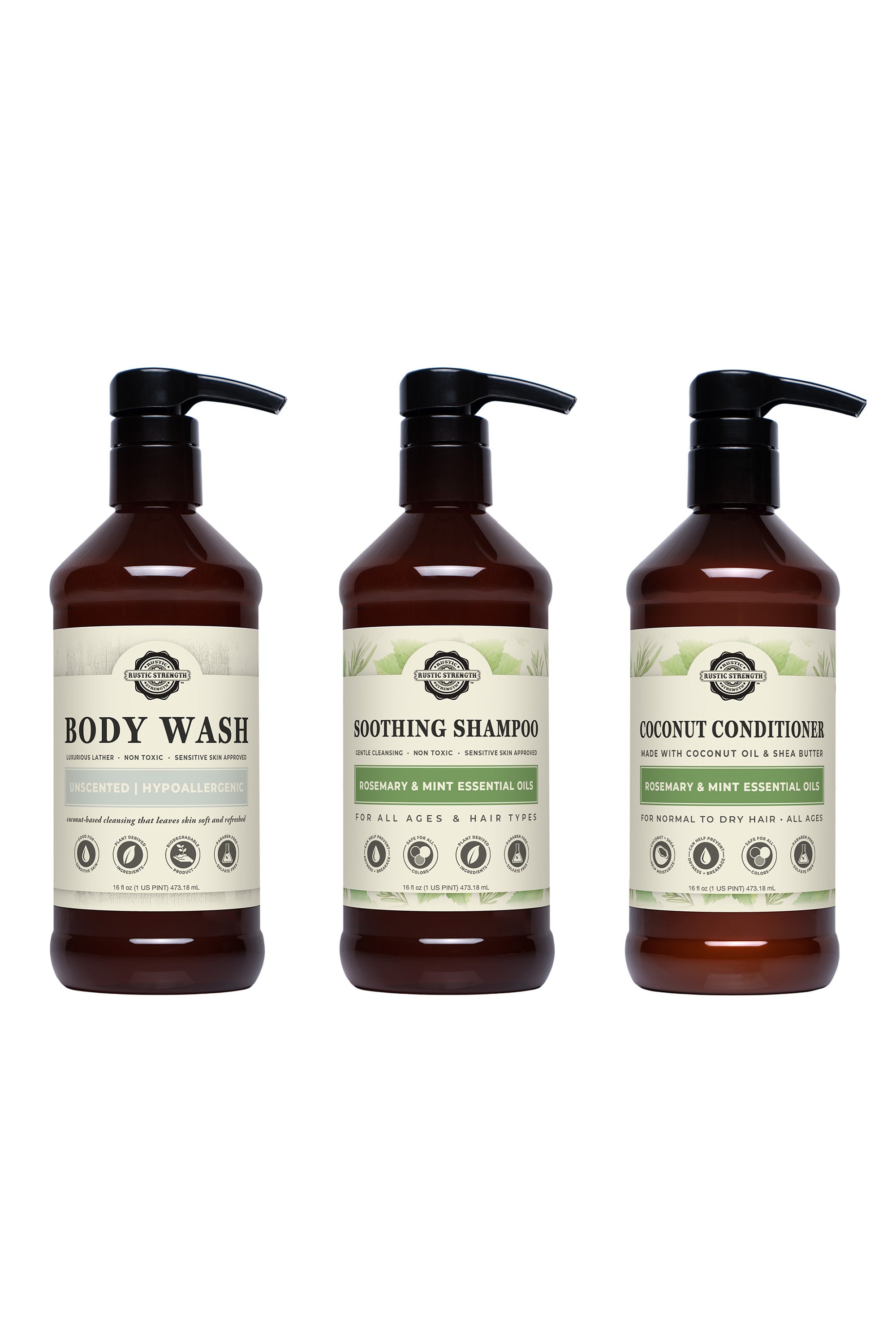 Three bottles of body care products including body wash, shampoo, and conditioner on a white background.