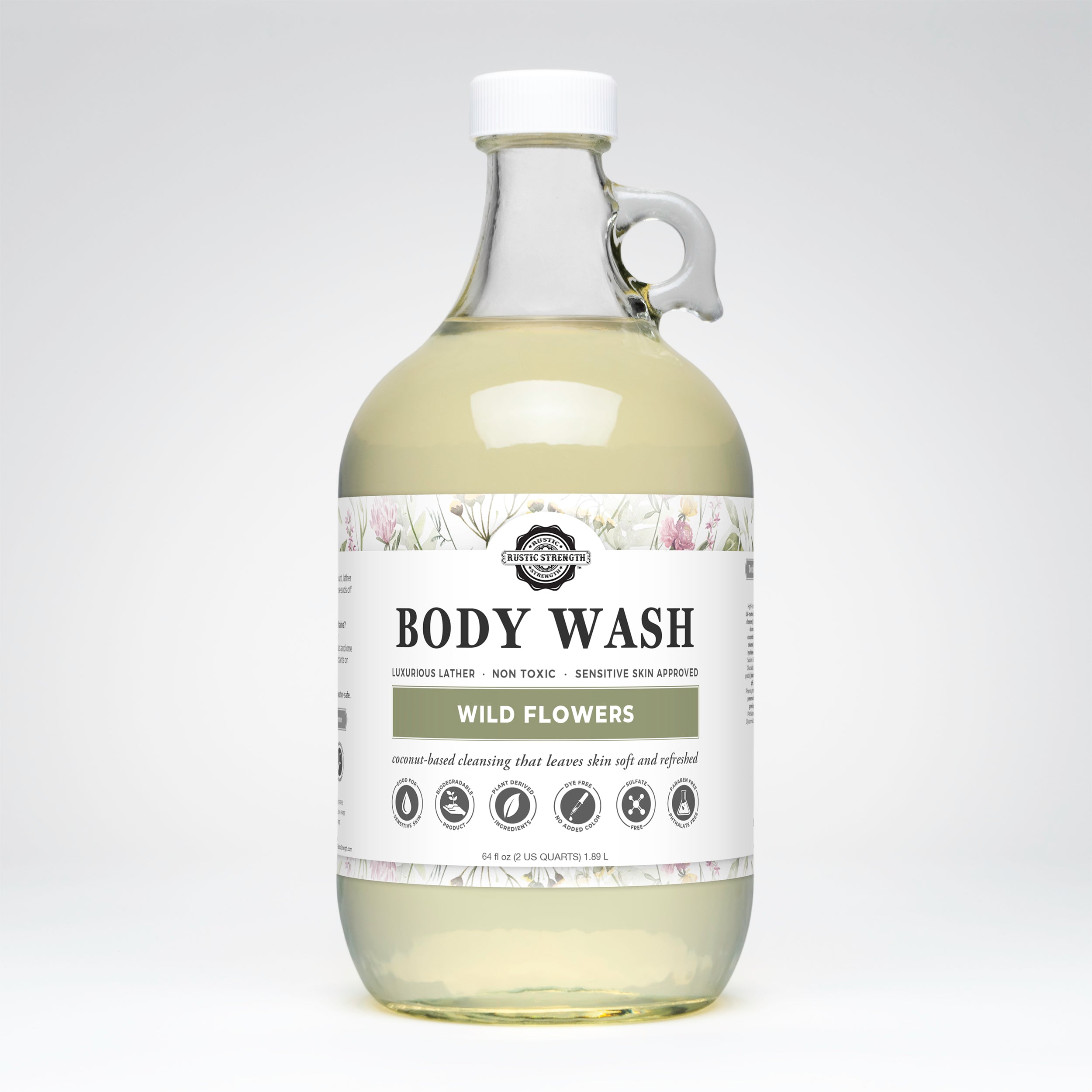 Half gallon glass container of Wild Flowers scented body wash