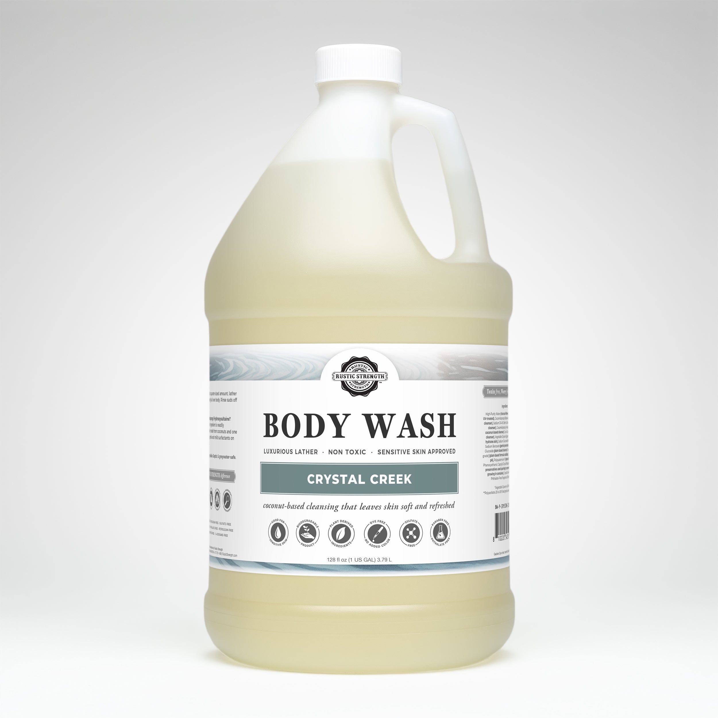 Gallon bottle of Crystal Creek body wash on a white background