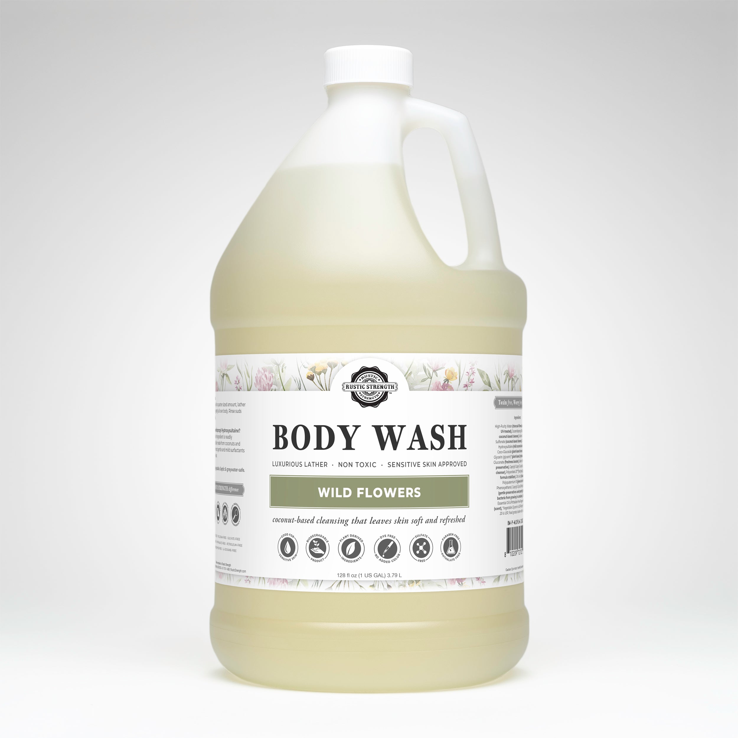 Gallon plastic container of Wild Flowers scented body wash