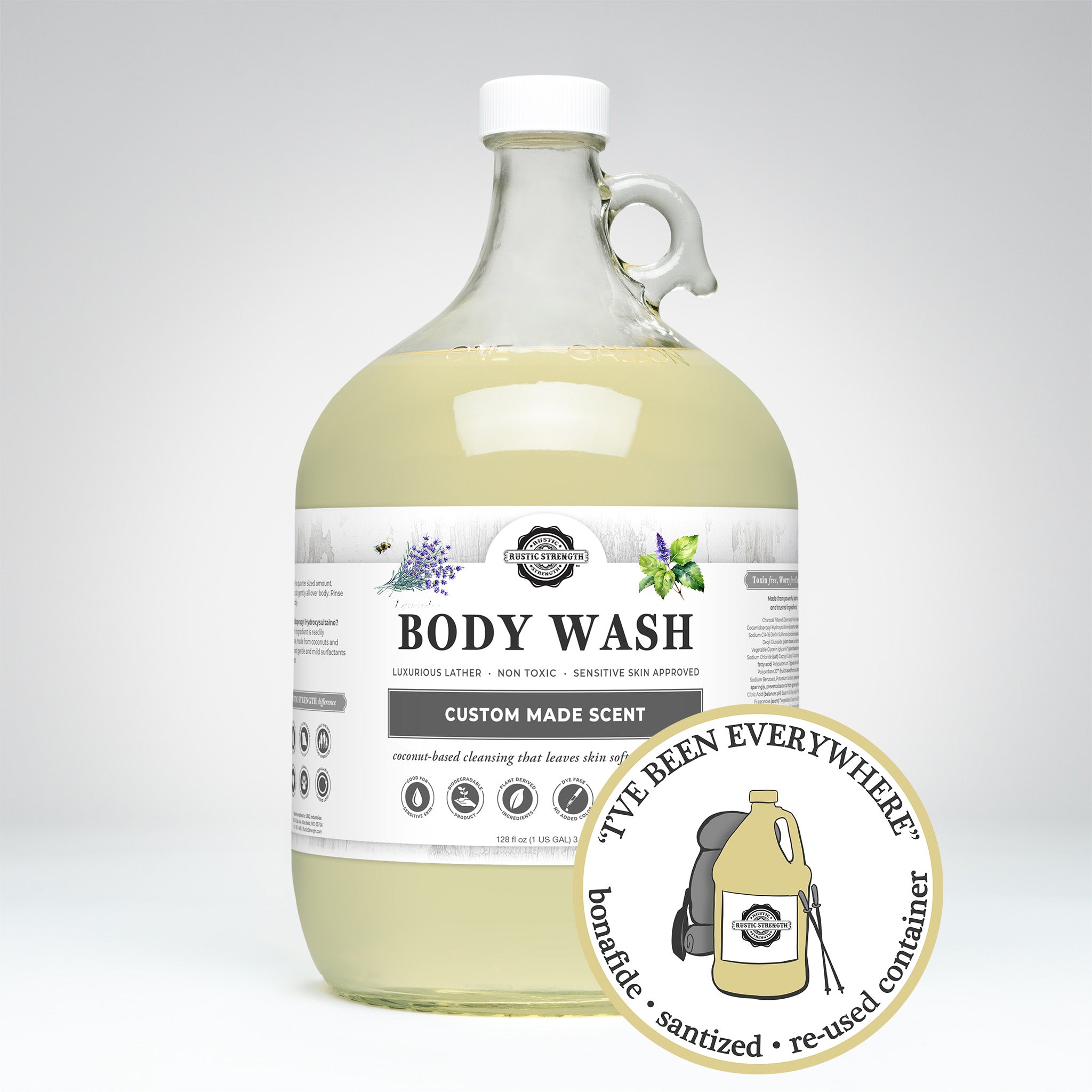 Sanitized and refilled gallon glass jug of custom scented body wash