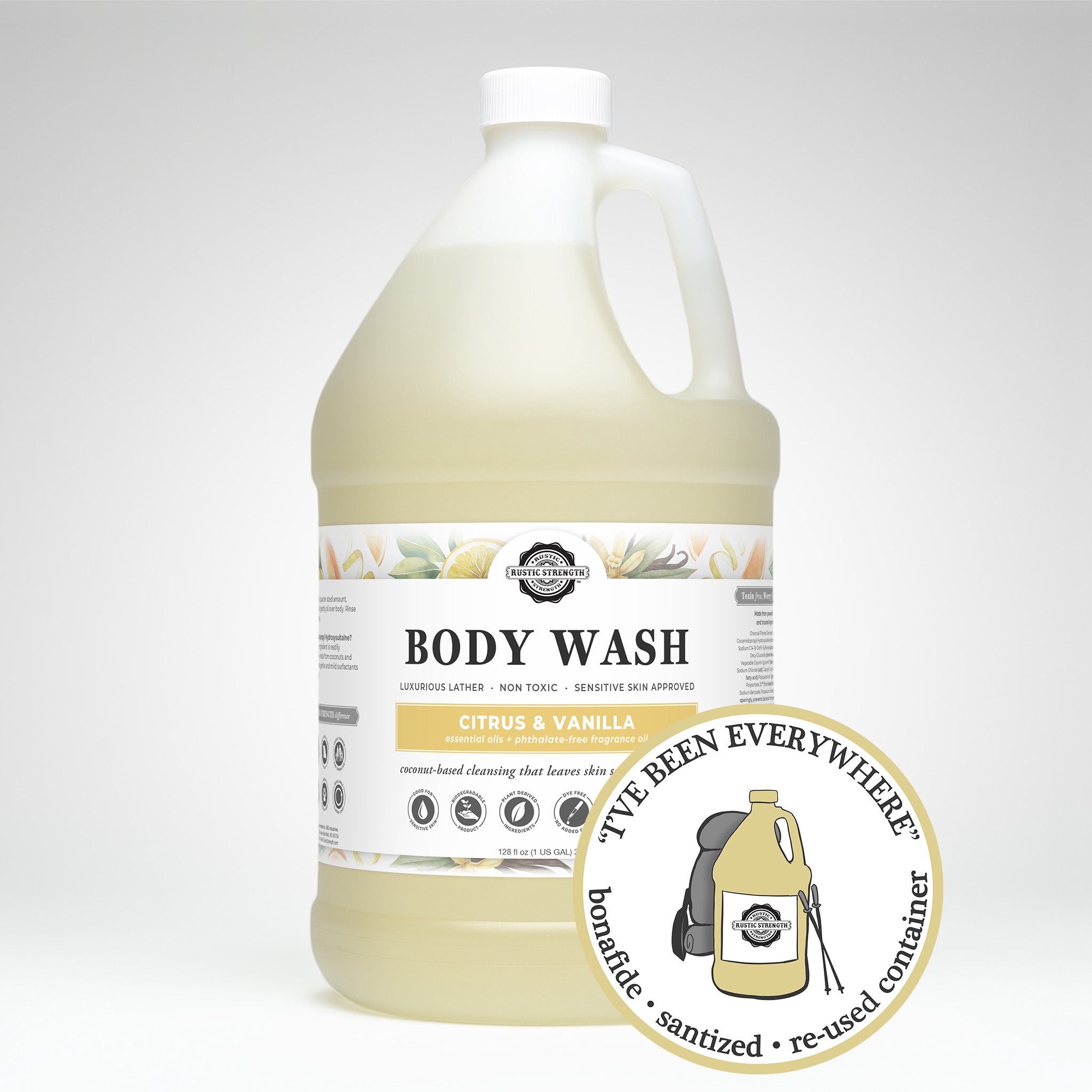Sanitized and refilled gallon plastic jug of citrus and vanilla scented body wash