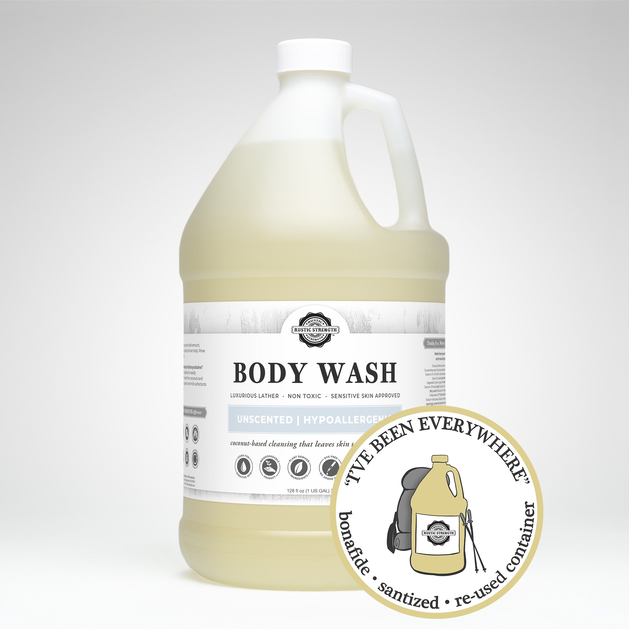 Sanitized and refilled gallon plastic jug of unscented body wash