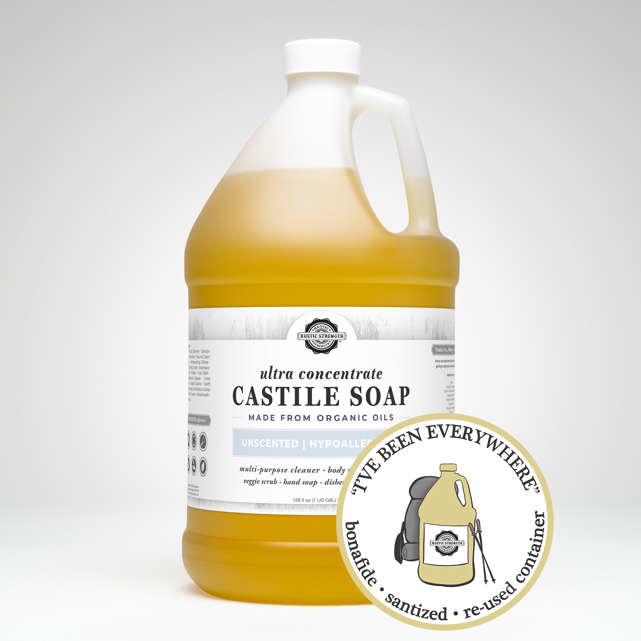 sanitized and refilled gallon plastic container of castile soap