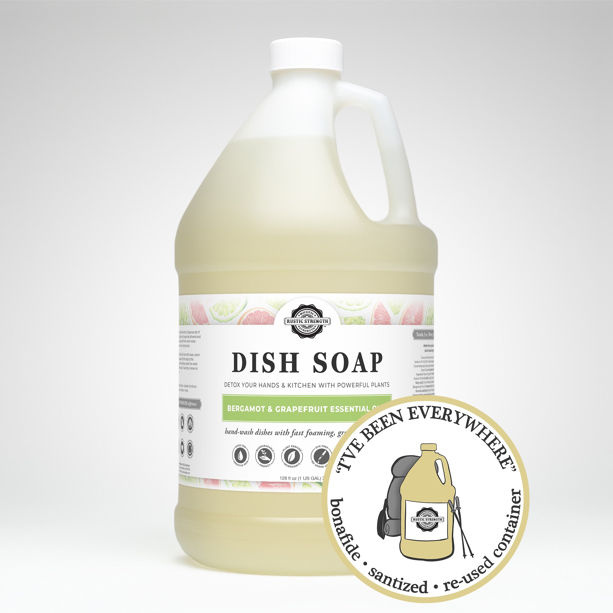 sanitized and refilled gallon plastic container of bergamot and grapefruit dish soap