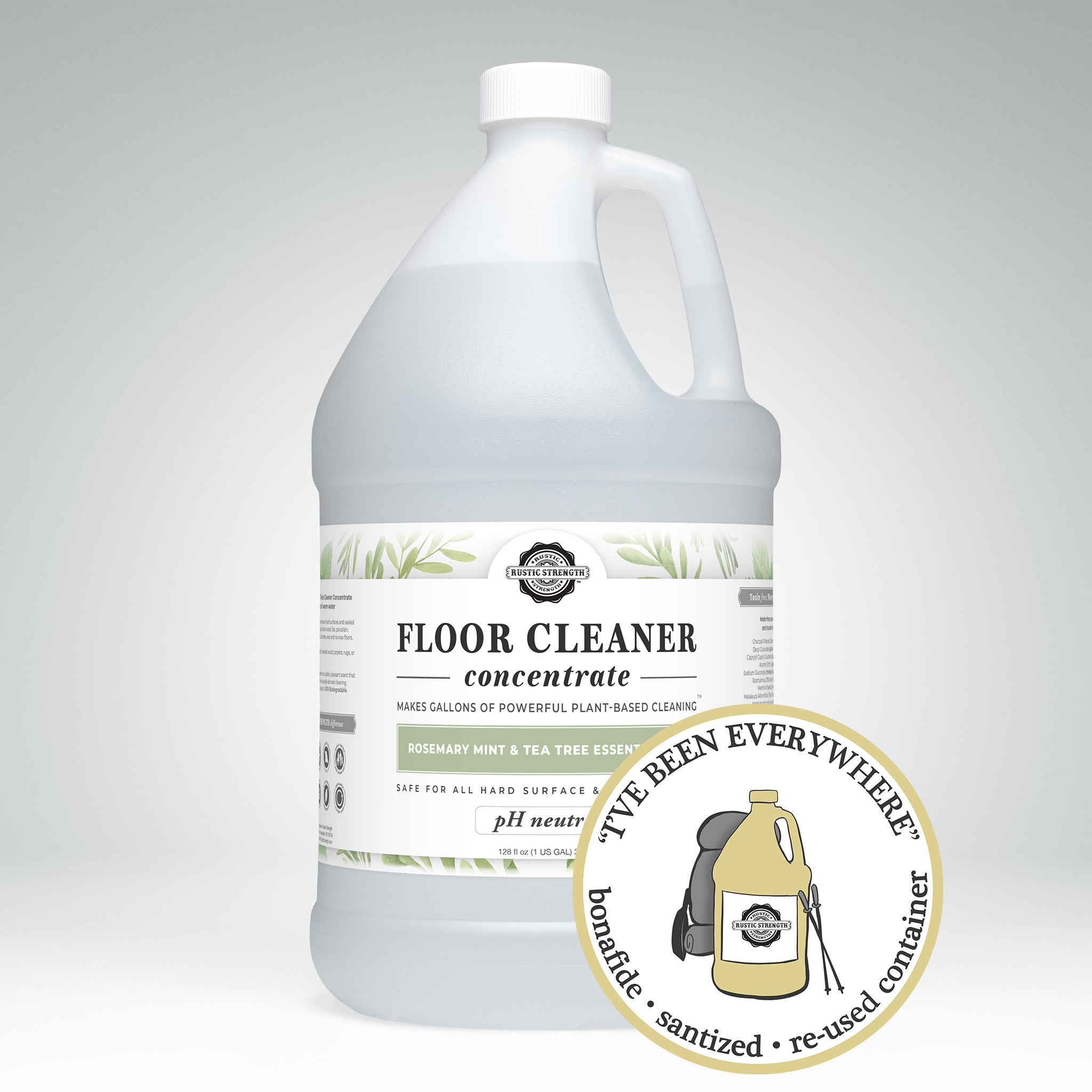 Sanitized and refilled gallon plastic jug of Floor Cleaner Concentrate in the scent Rosemary mint and Tea Tree Essential Oils