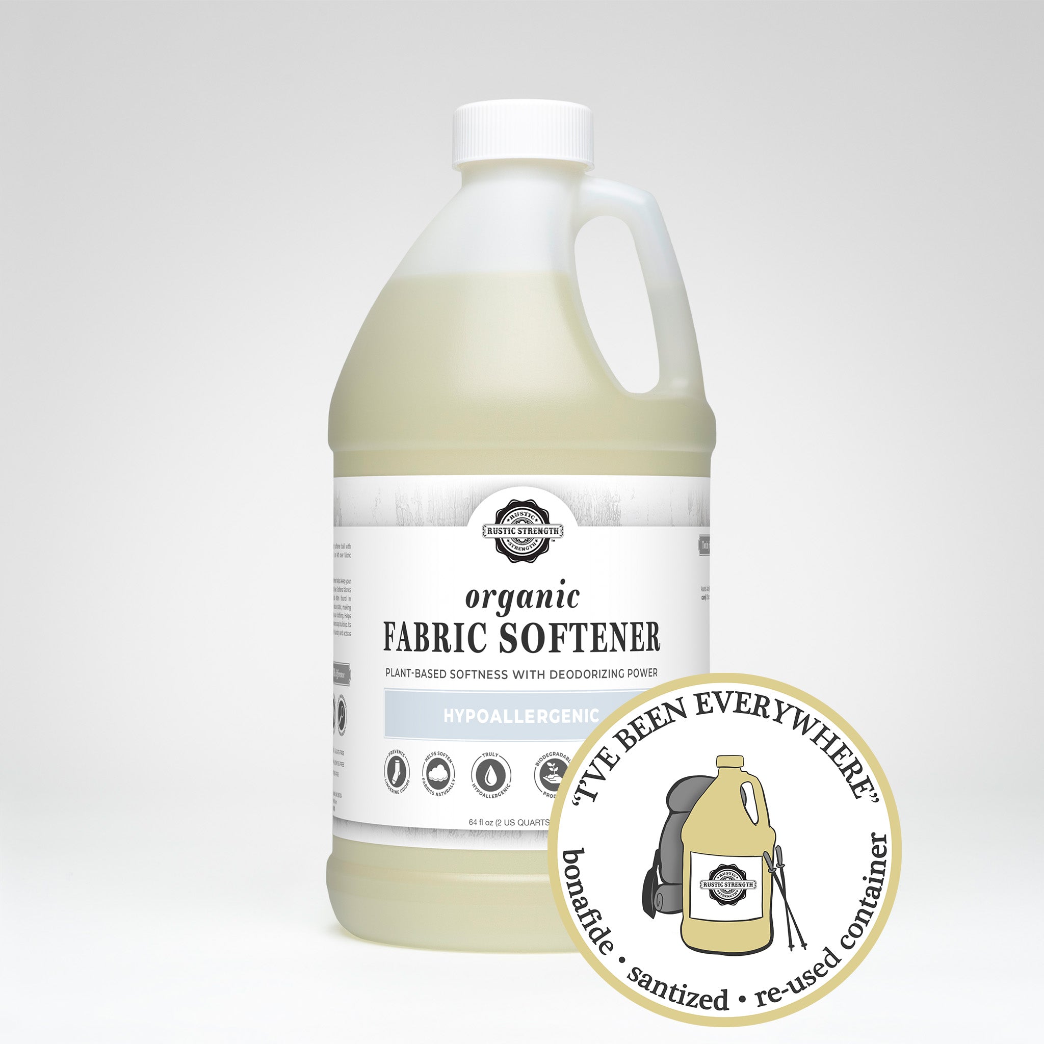 sanitized and refilled half gallon plastic container of organic fabric softener