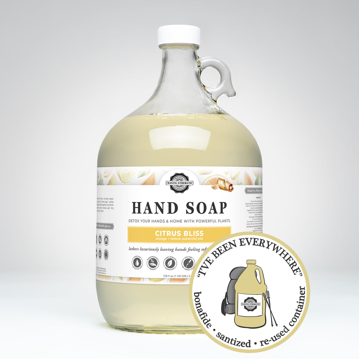 Rustic Strength, Hand Soap, 128oz Glass, Citrus Bliss with image "I've been everywhere - Bonafide, Sanitized, Re-used Container"