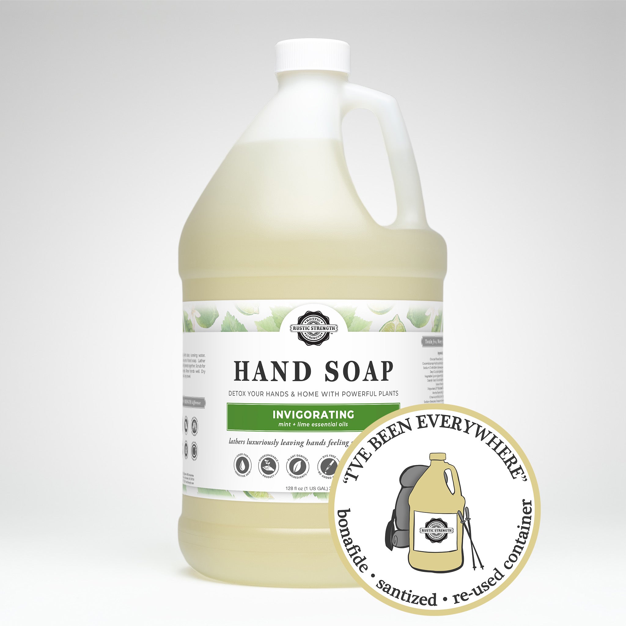 Sanitized and refilled gallon plastic jug of hand soap in invigorating scent