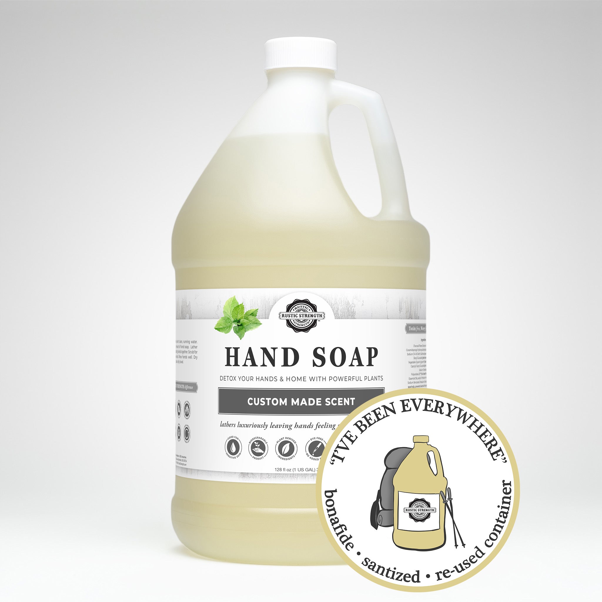 sanitized and refilled half gallon plastic container of custom scented hand soap