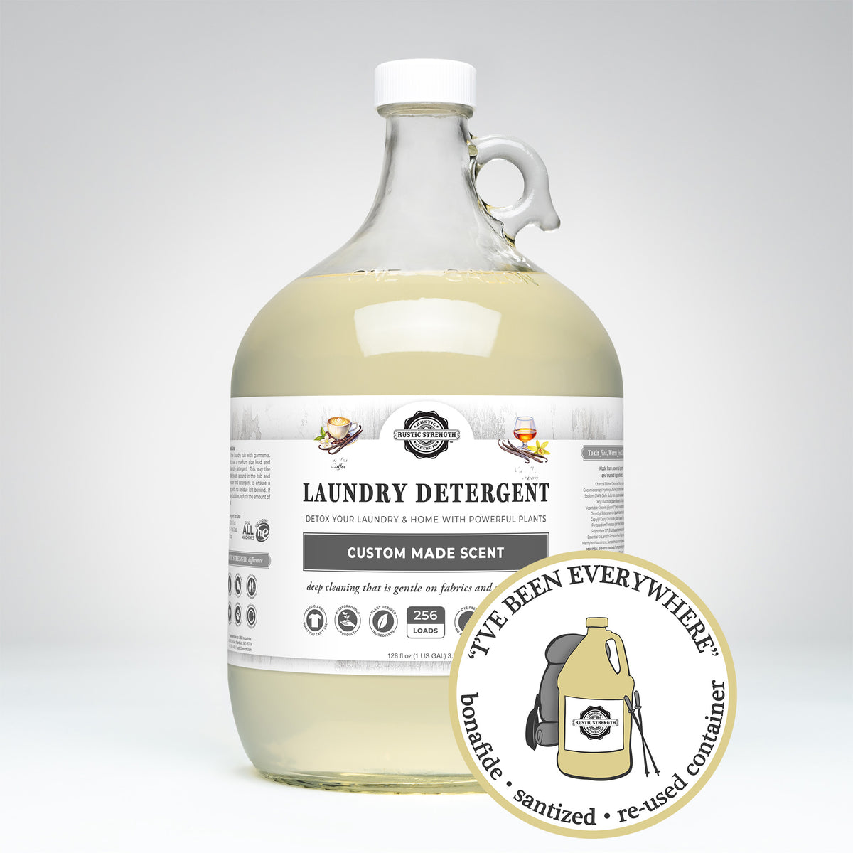 Rustic Strength, Laundry Detergent, 1 Gallon, Glass Jug, French Vanilla Coffee & Vanilla Bourbon, with image "I've been everywhere - Bonafide, Sanitized, Re-used Container"