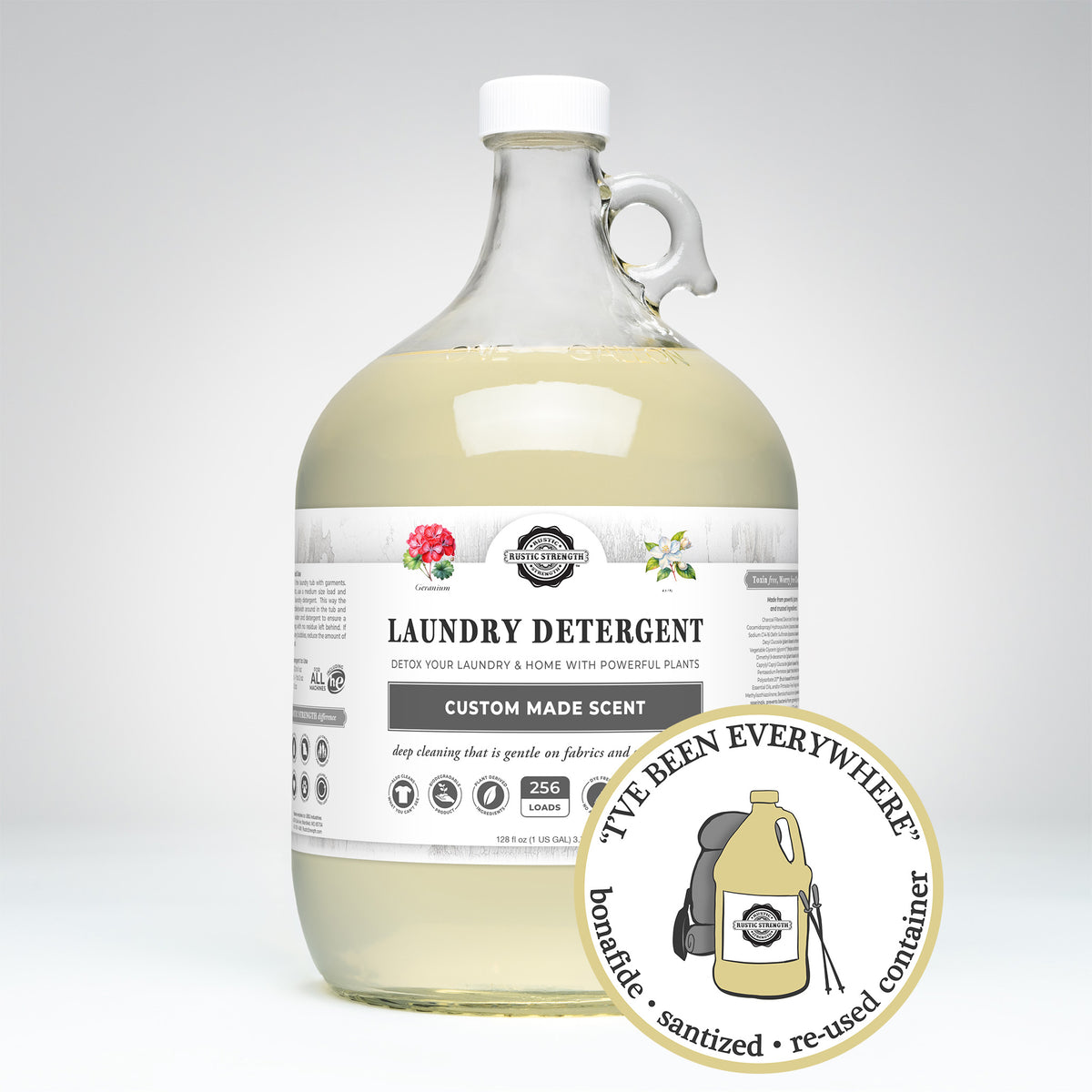 Rustic Strength, Laundry Detergent, 1 Gallon, Glass Jug, Geranium & Jasmine, with image "I've been everywhere - Bonafide, Sanitized, Re-used Container"