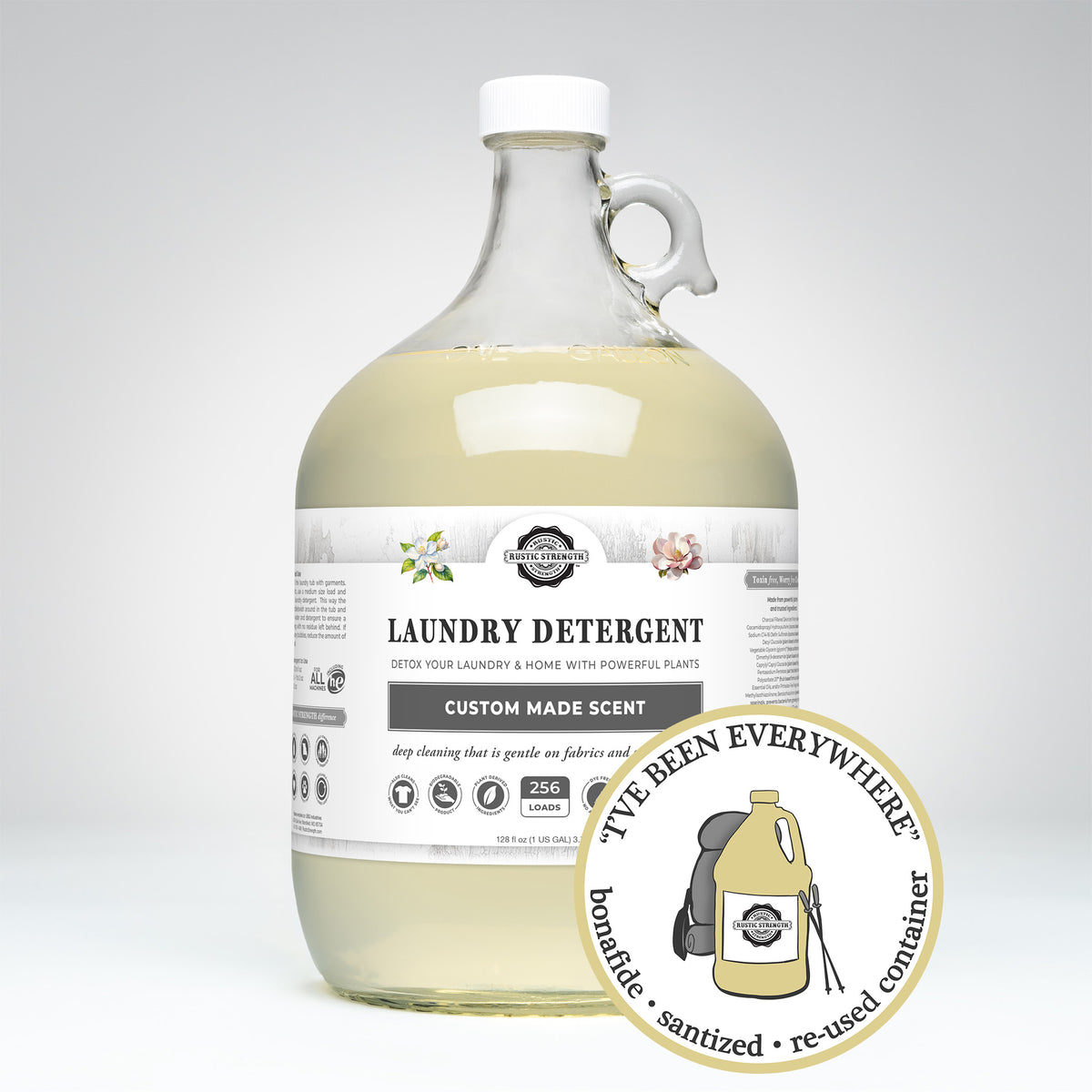 Rustic Strength, Laundry Detergent, 1 Gallon, Glass Jug, Jasmine & Magnolia, with image "I've been everywhere - Bonafide, Sanitized, Re-used Container"