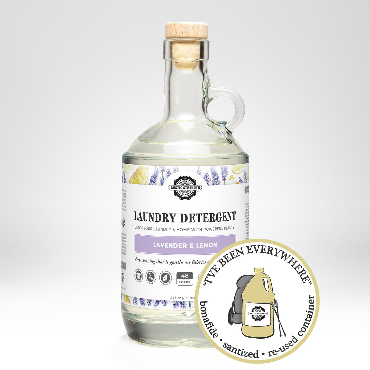 Rustic Strength, Laundry Detergent, 24oz, Glass Jug, Lavender & Lemon, with image "I've been everywhere - Bonafide, Sanitized, Re-used Container"