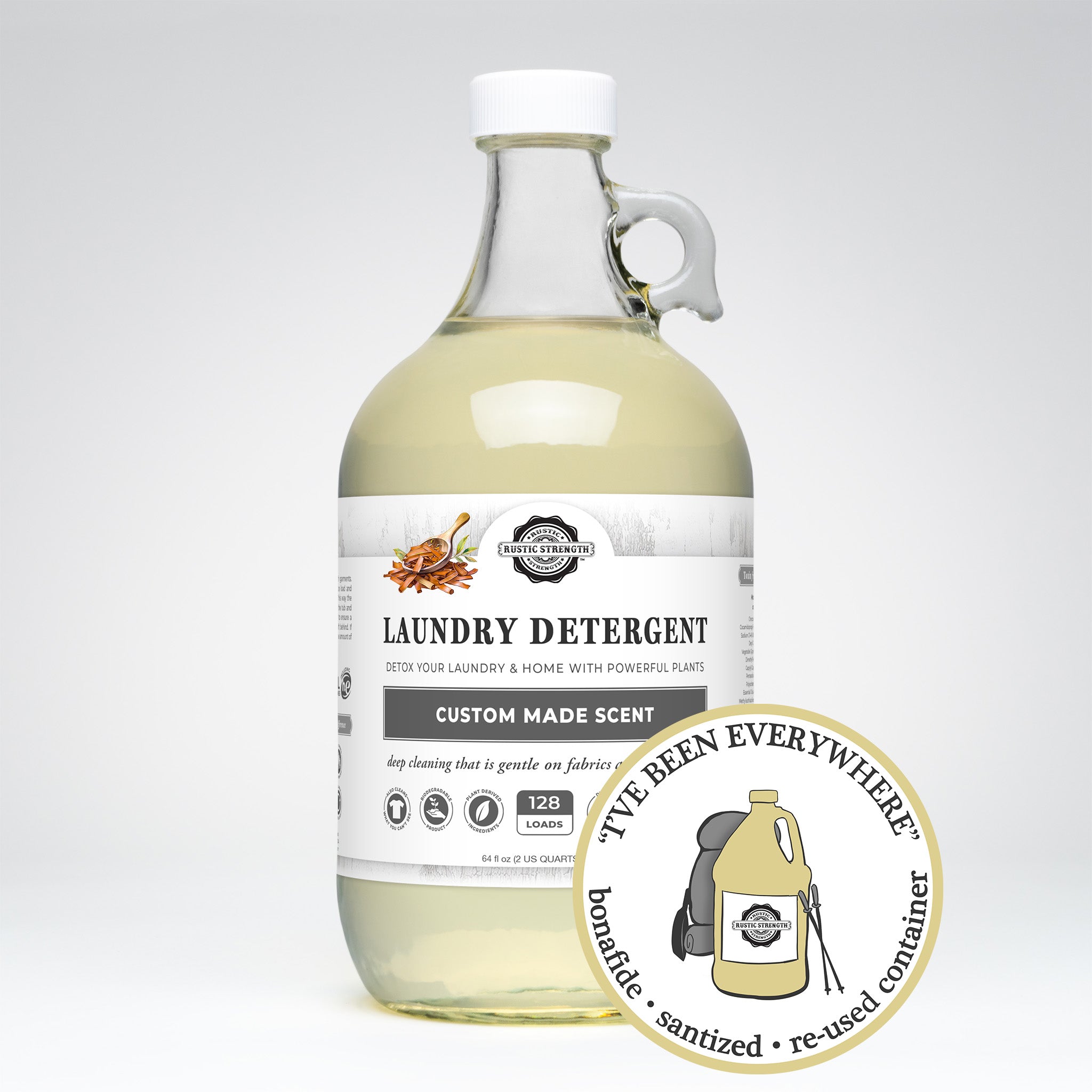 Sanitized and refilled half gallon glass jug of custom scented laundry detergent