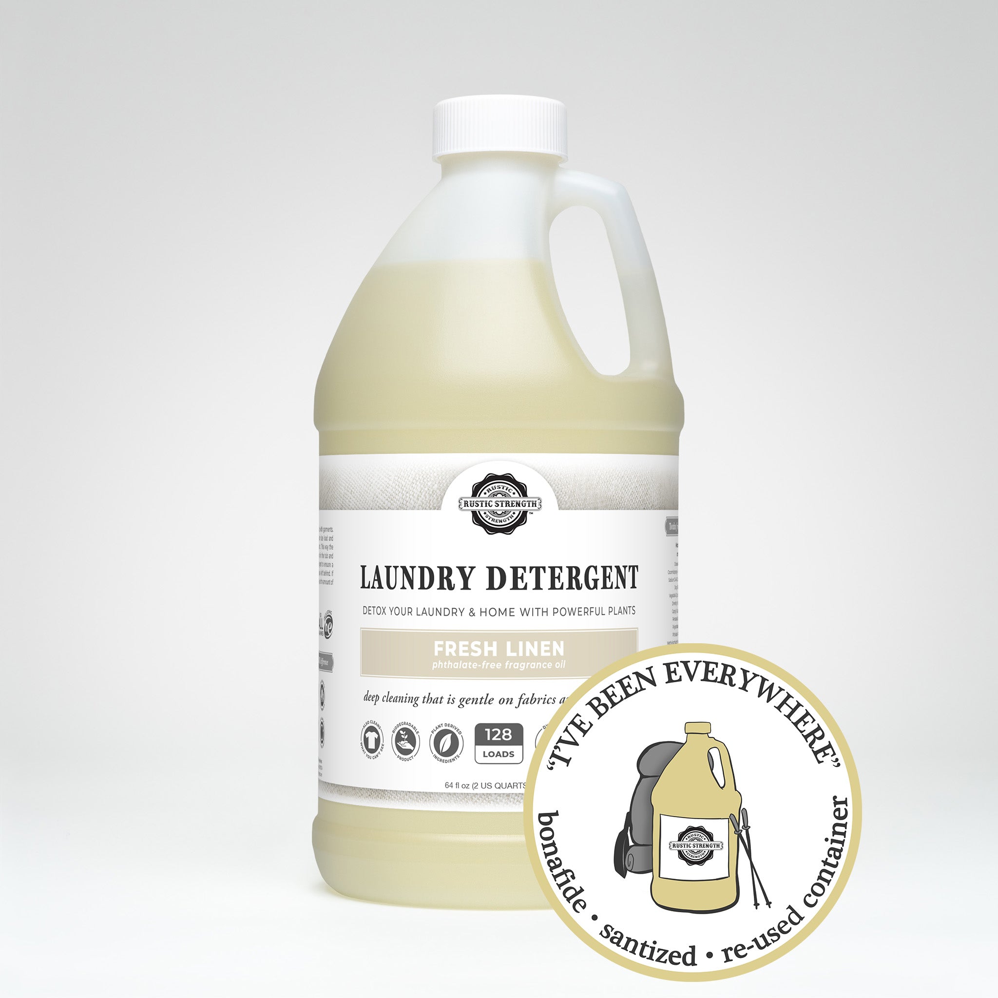 sanitized and refilled half gallon plastic container of fresh linen laundry detergent