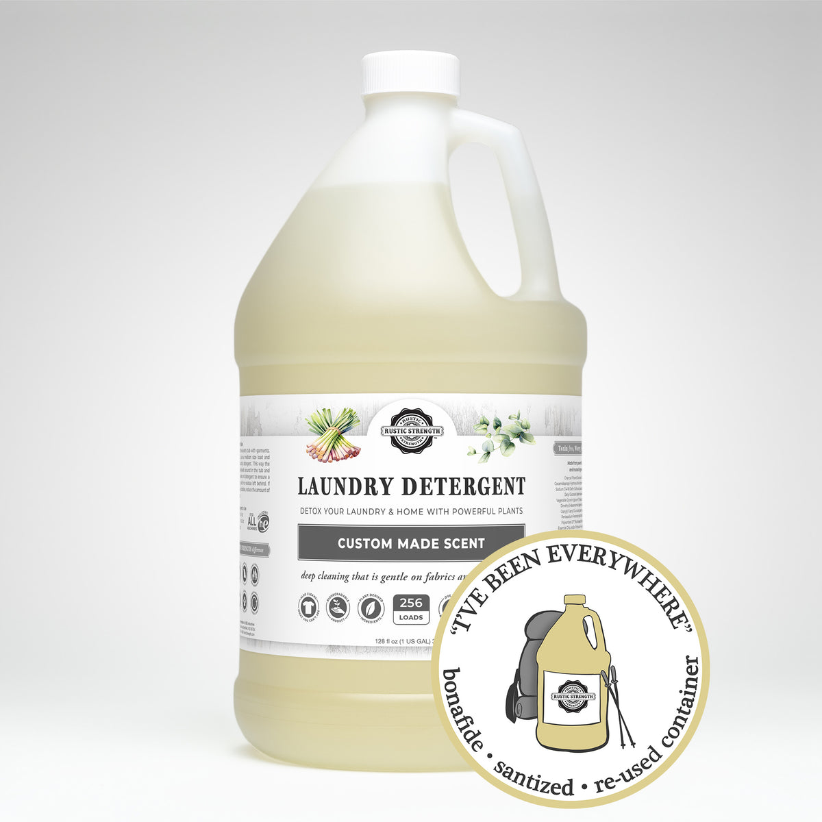 sanitized and refilled gallon plastic container of custom scented laundry detergent