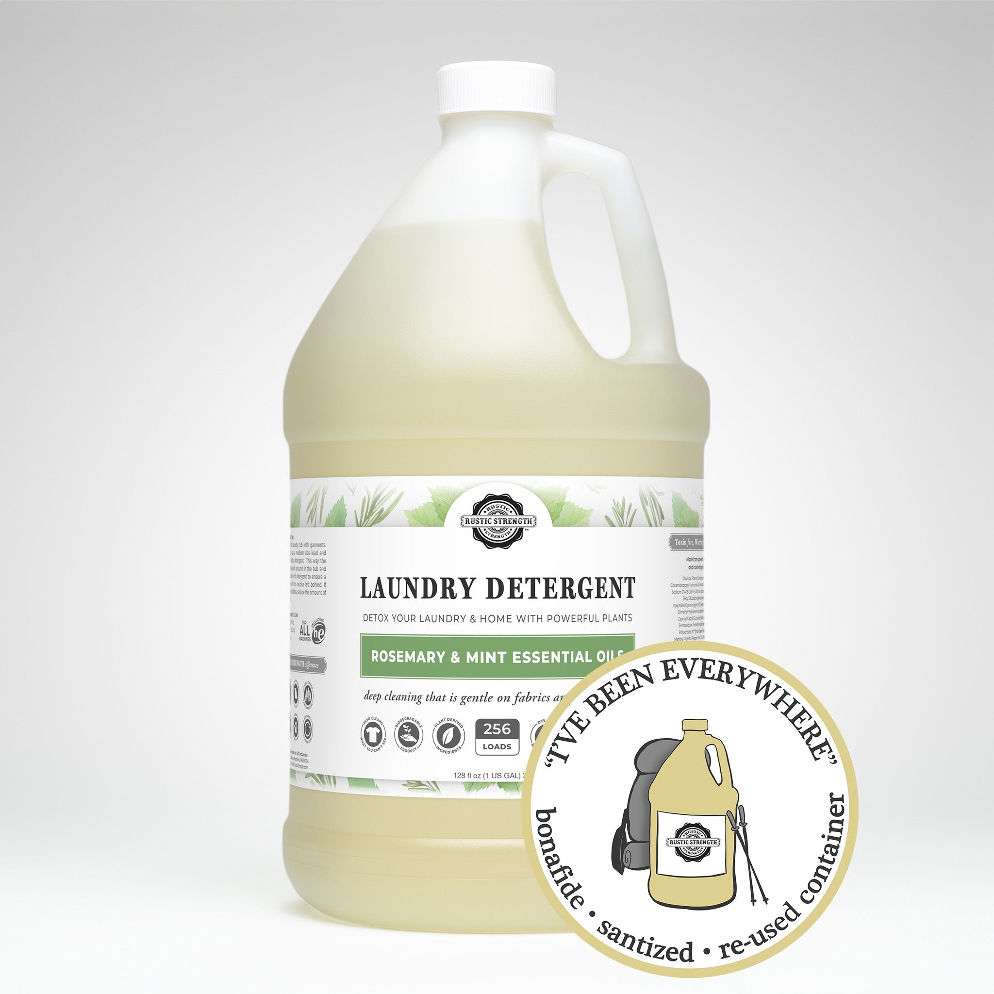 Sanitized and refilled plastic gallon jug of Rosemary and Mint Essential Oils laundry detergent