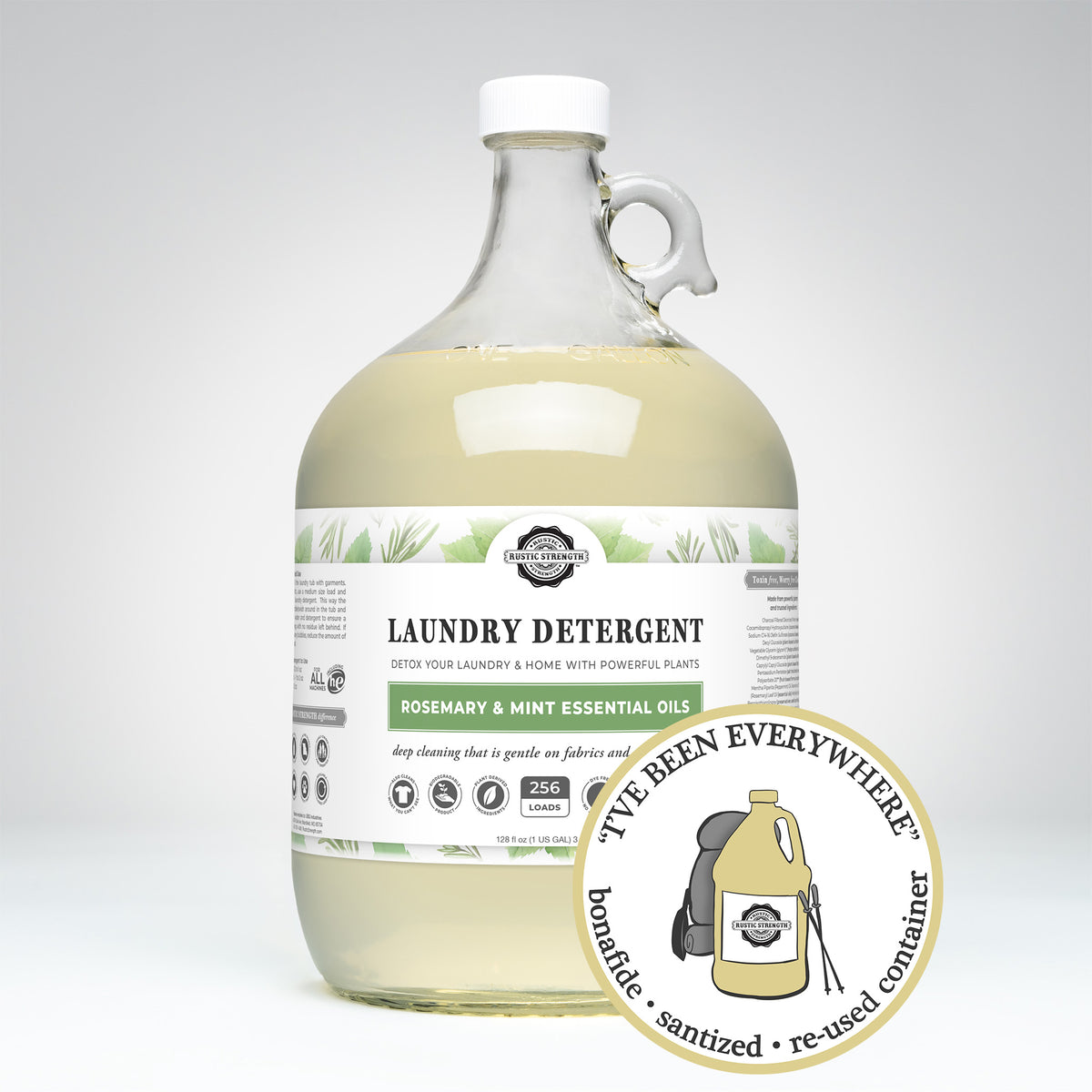 Rustic Strength, Laundry Detergent, 128oz Glass, Rosemary & Mint with image "I've been everywhere - Bonafide, Sanitized, Re-used Container"