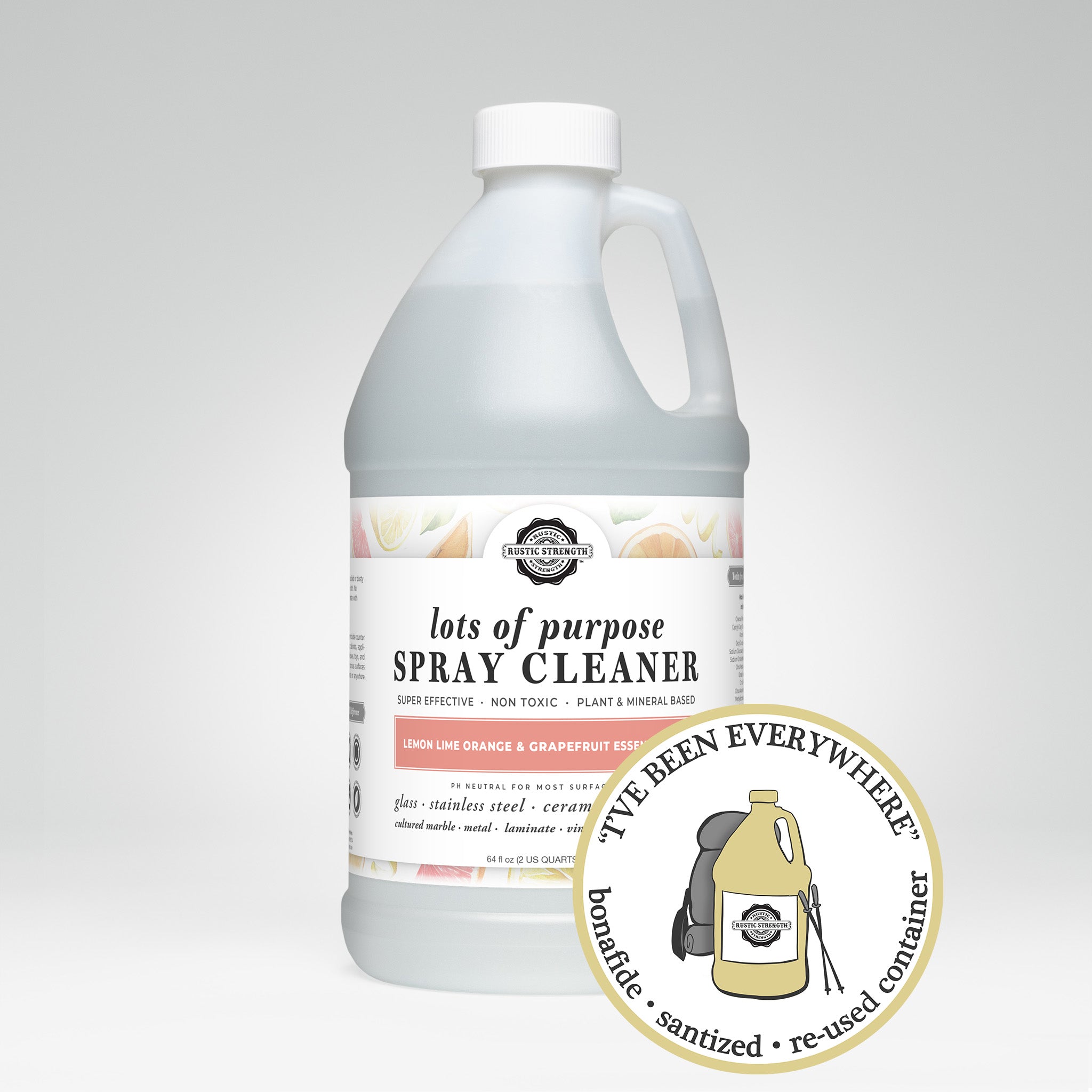 reused and sanitized half gallon container of lots of purpose spray cleaner