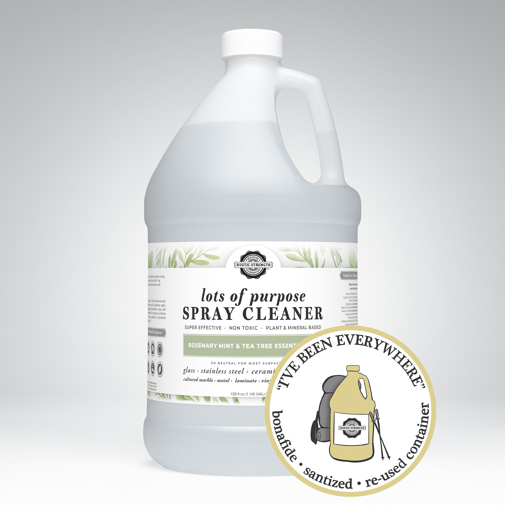 Sanitized and refilled gallon plastic jug of Lots of Purpose Spray Cleaner in the scent Rosemary Mint and Tea Tree Essential Oil