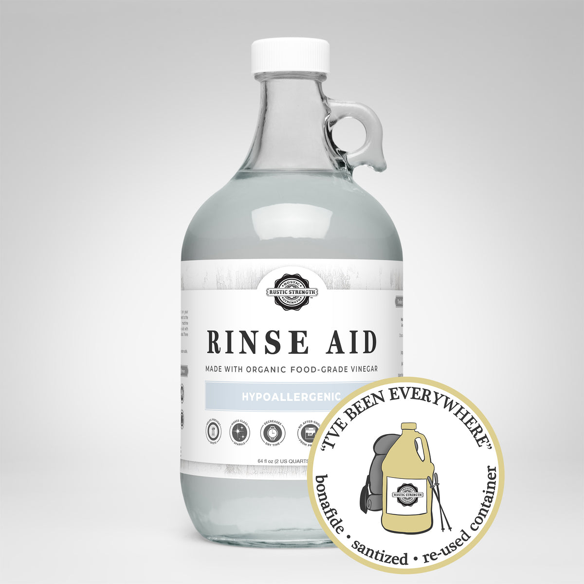 Rustic Strength, Rinse Aid, Half Gallon, Glass Jug, Unscented, with image "I've been everywhere - Bonafide, Sanitized, Re-used Container"