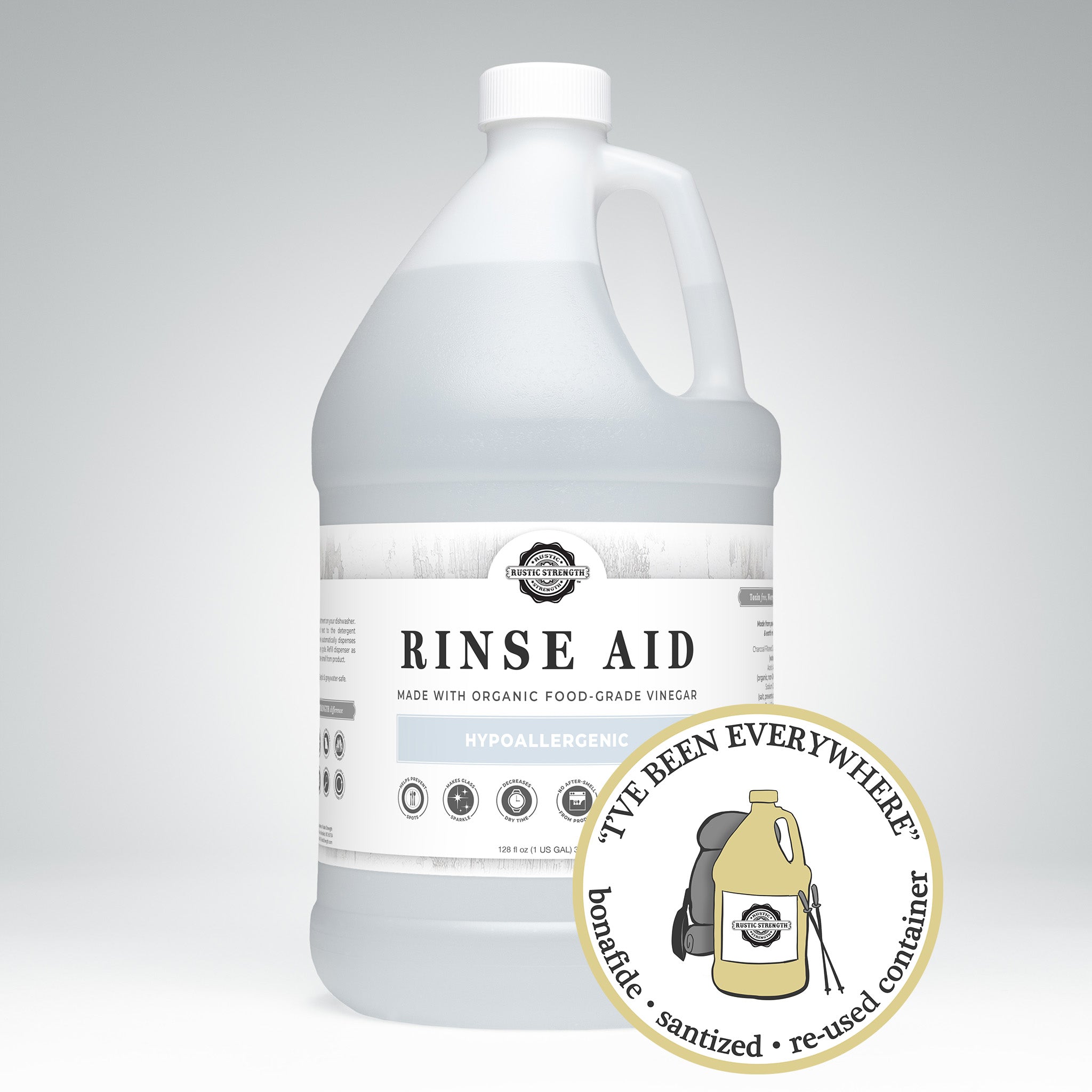 sanitized and refilled gallon plastic container of rinse aid