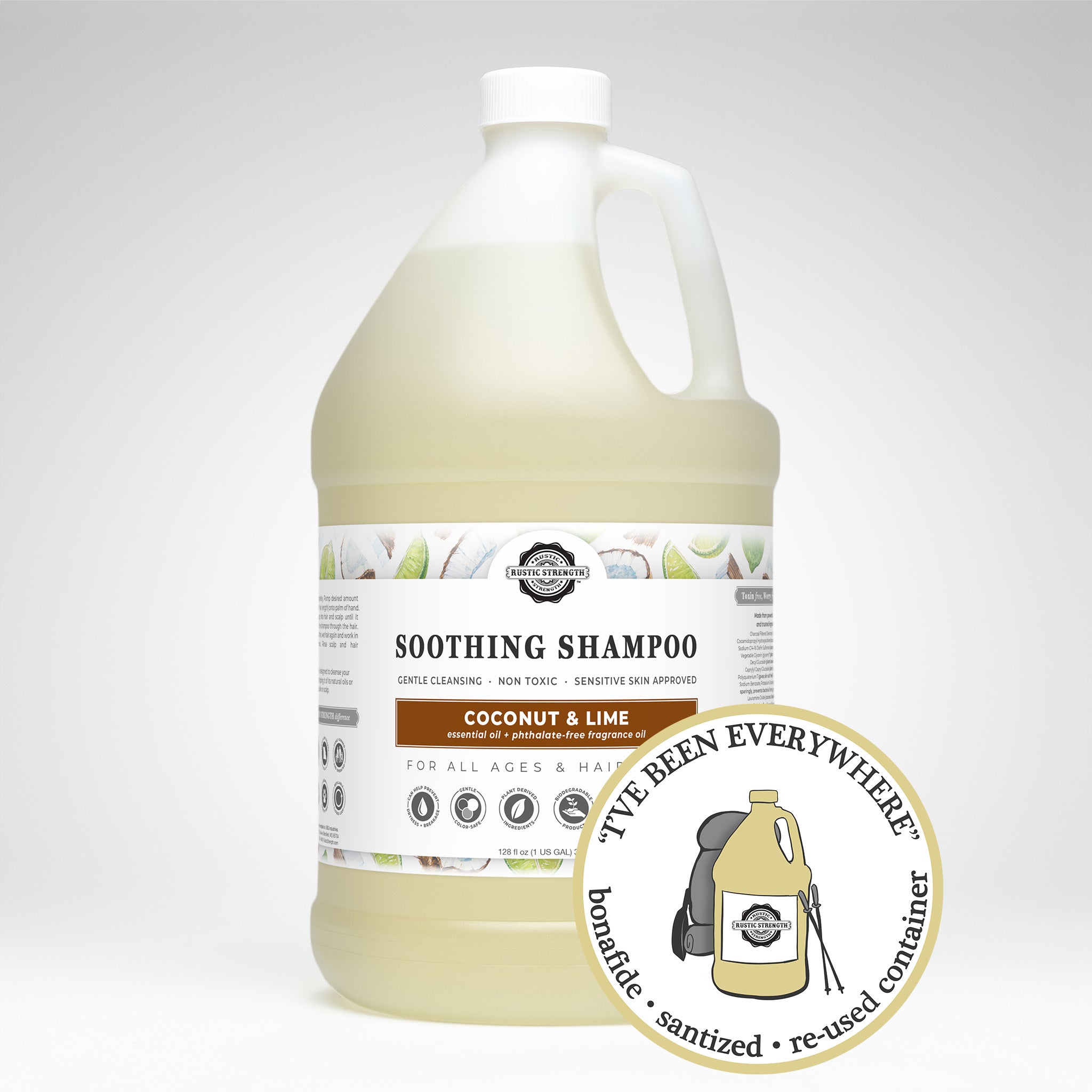 Sanitized and refilled gallon plastic jug of coconut lime soothing shampoo
