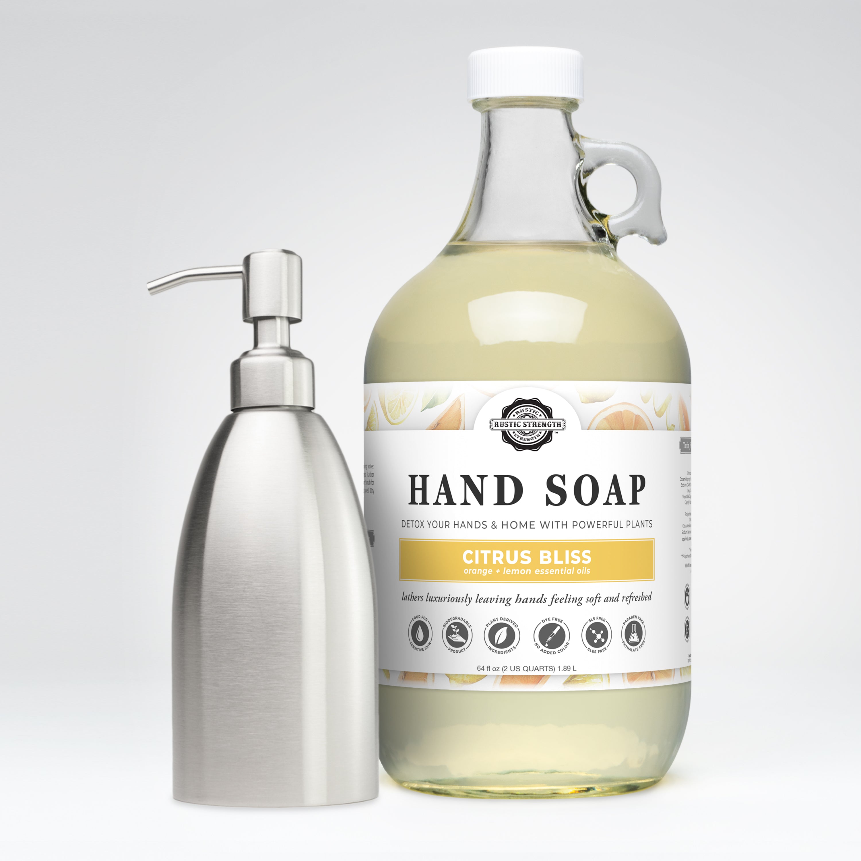 Hand Soap 64 oz Glass Jug + Stainless Steel 16 oz Keeper Bottle