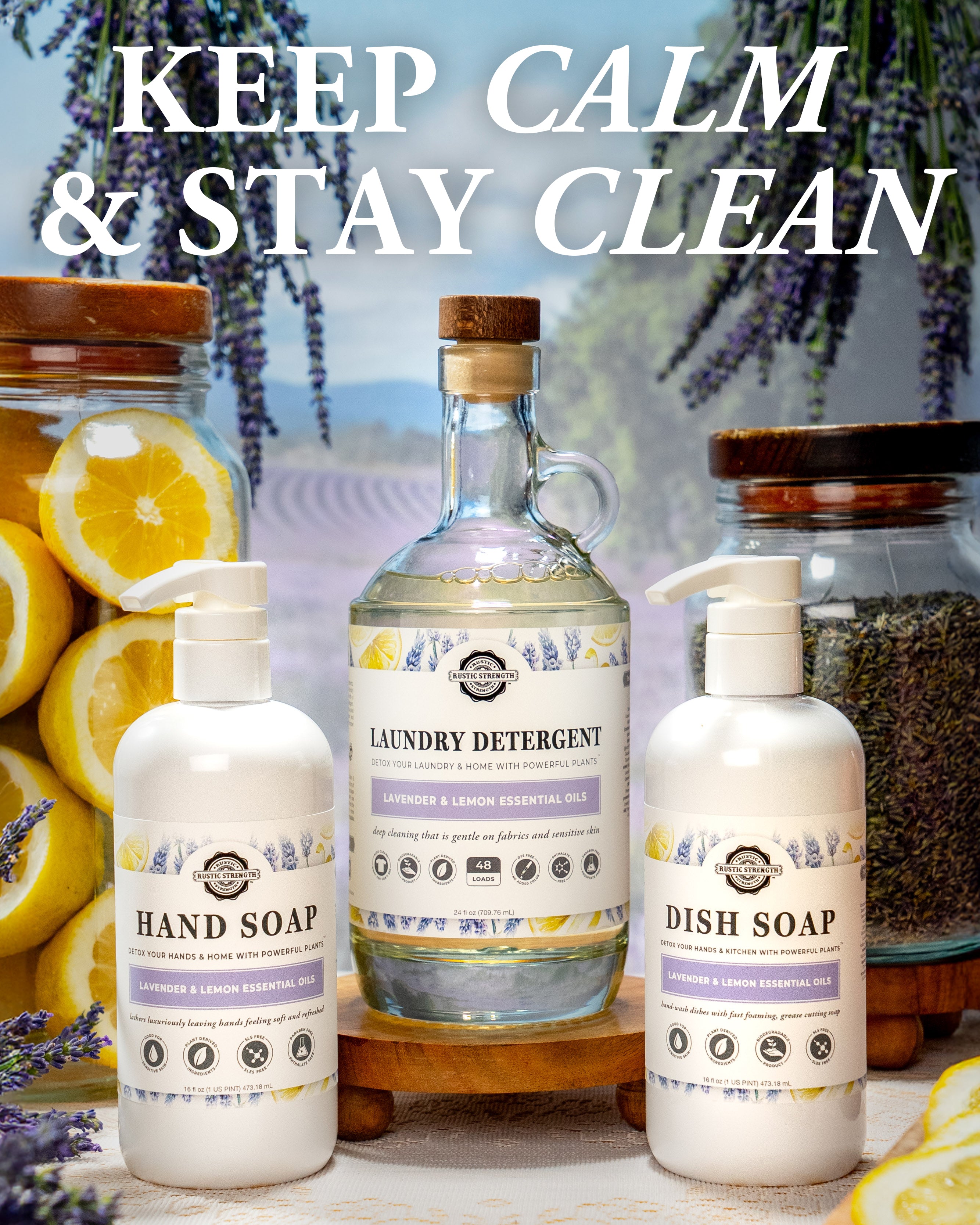 Cleaning products including hand soap, dish soap, and laundry detergent with lavender and lemon essential oils on a wooden surface.