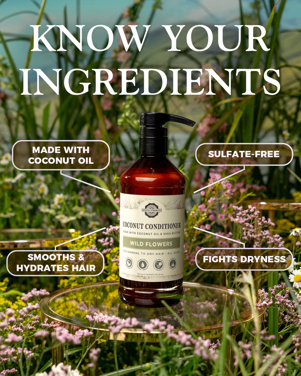 16 ounce plastic bottle of Wild Flowers scented coconut conditioner