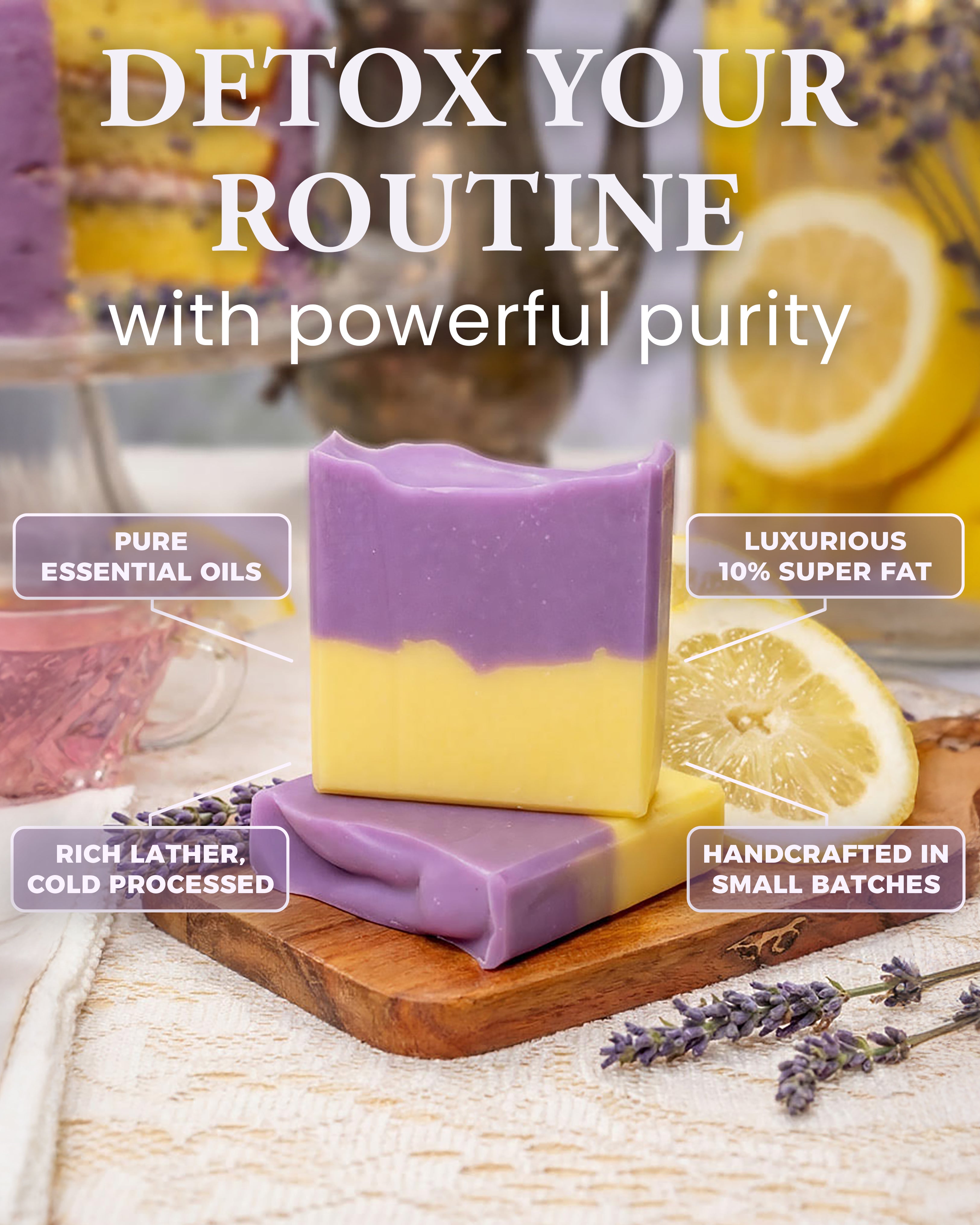 Two layered purple and yellow soap bars on a wooden board with lemon slices and lavender flowers, text promoting purity and detox benefits.