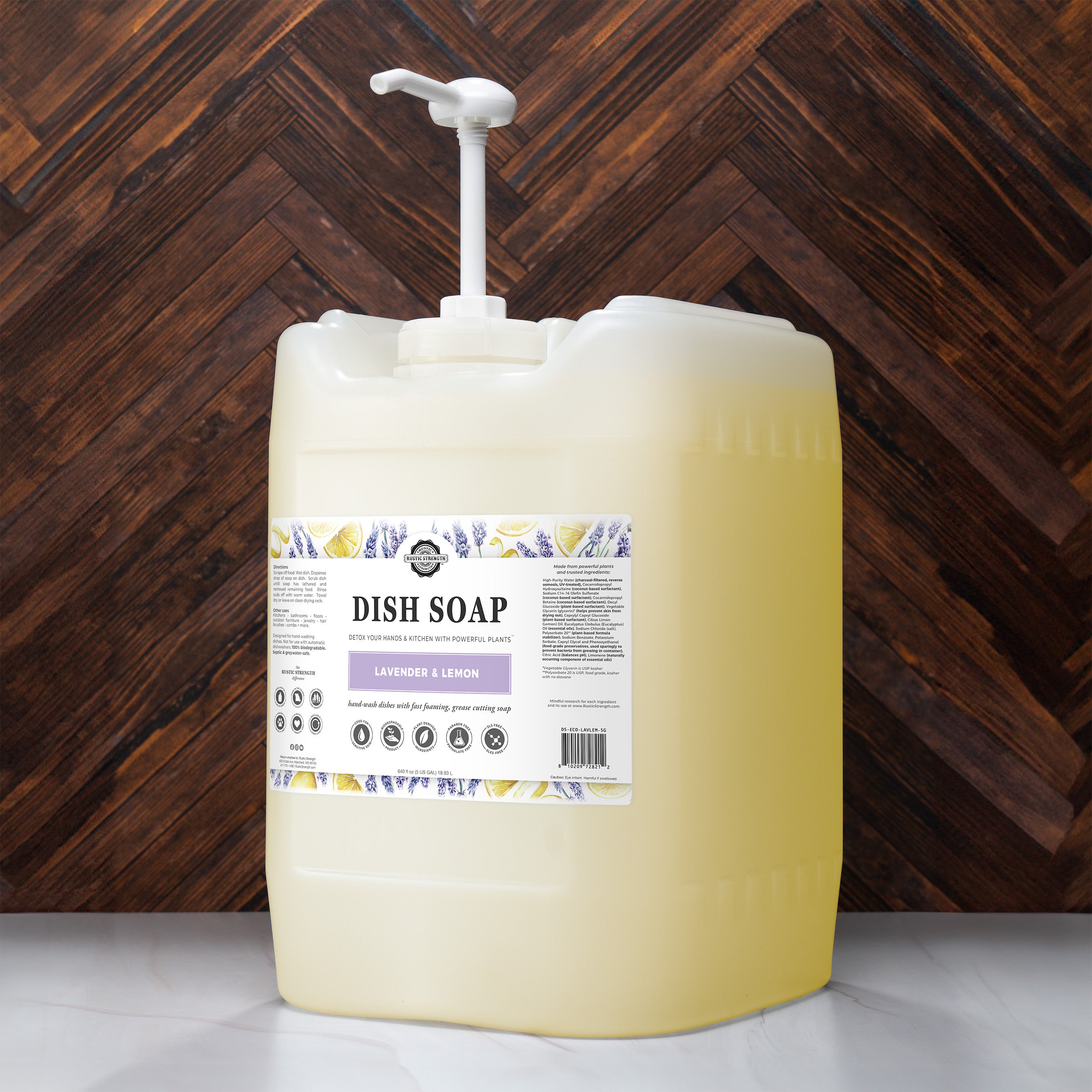 5 gallon eco jug with pump of lavender lemon dish soap