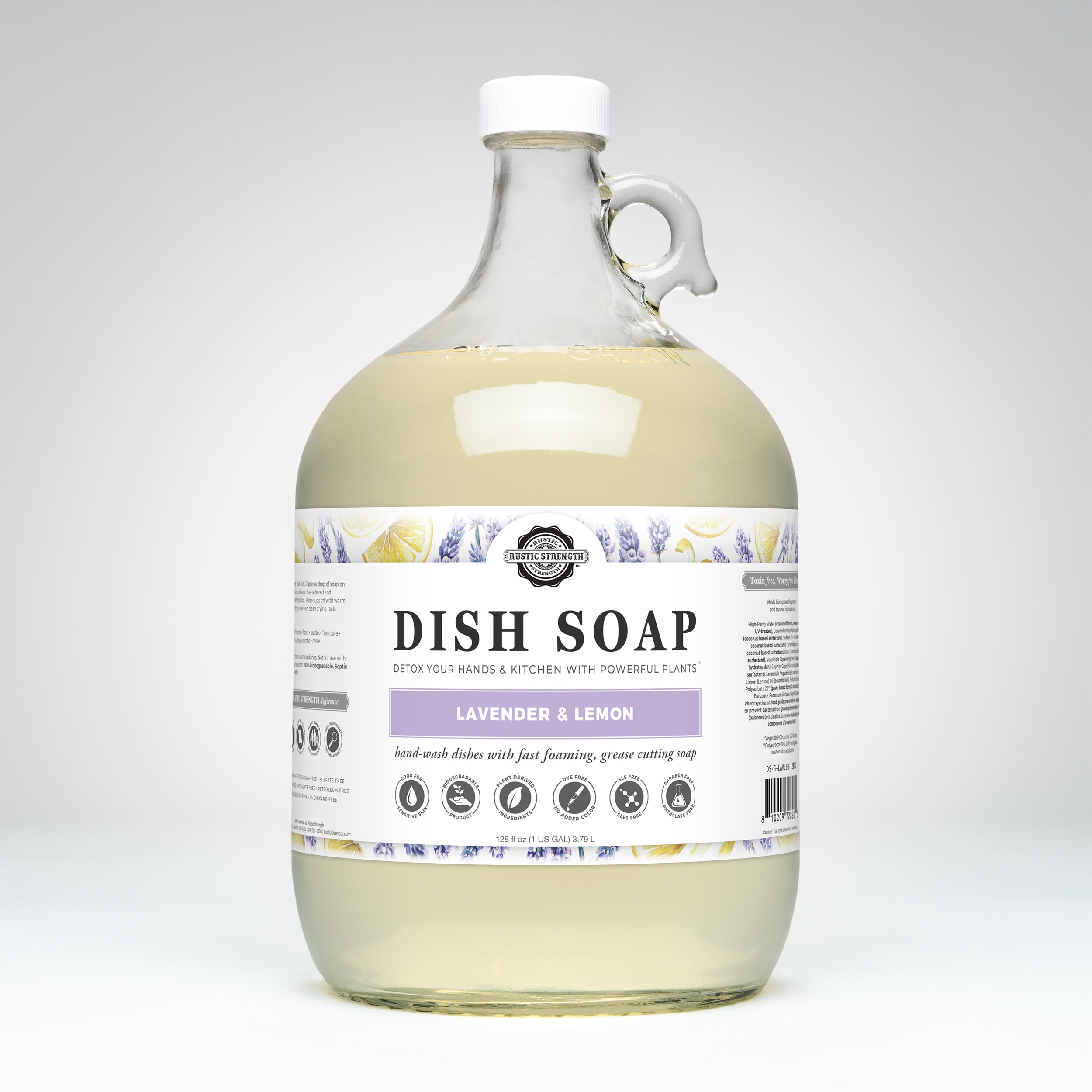 gallon glass container of lavender lemon dish soap