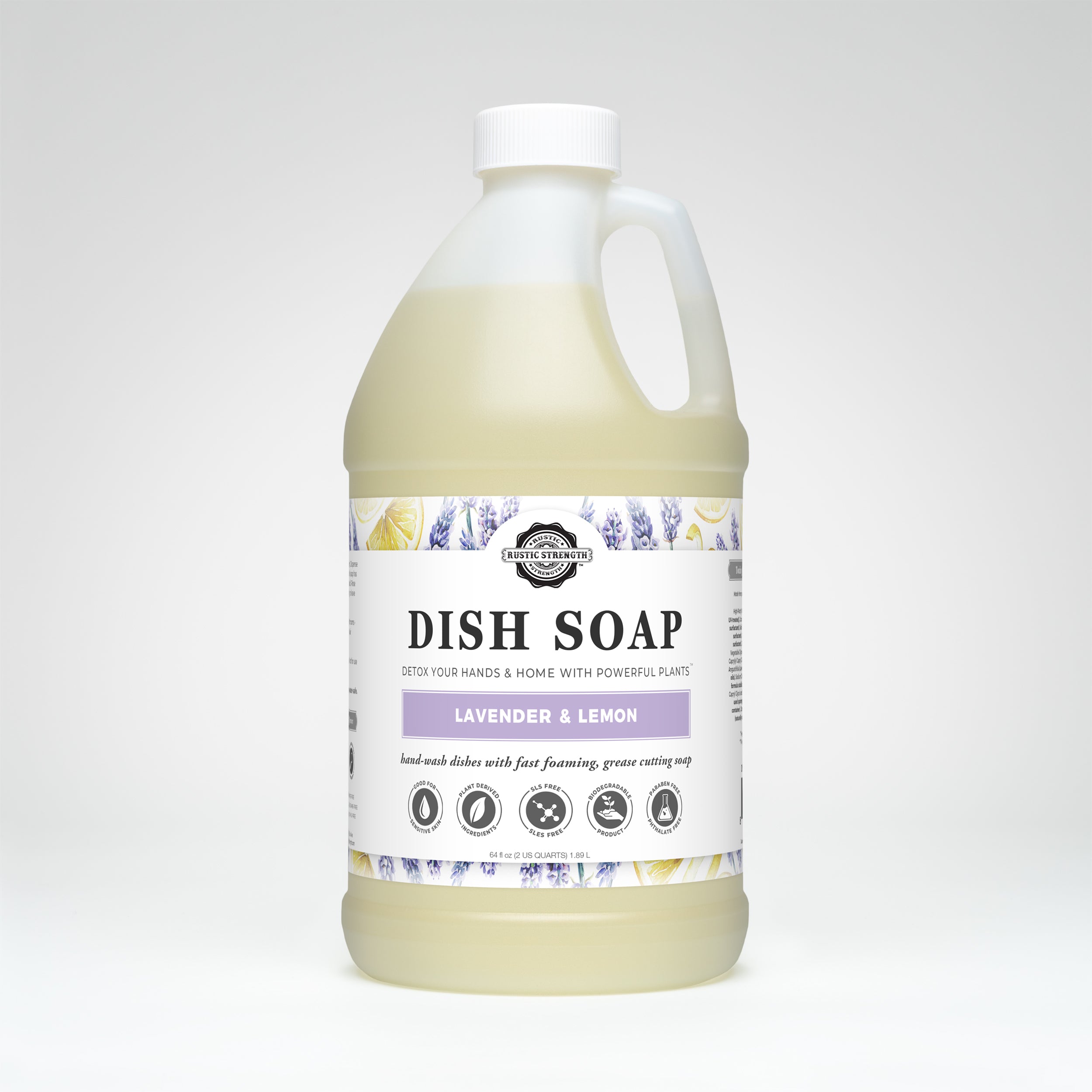 half gallon container of lavender lemon dish soap