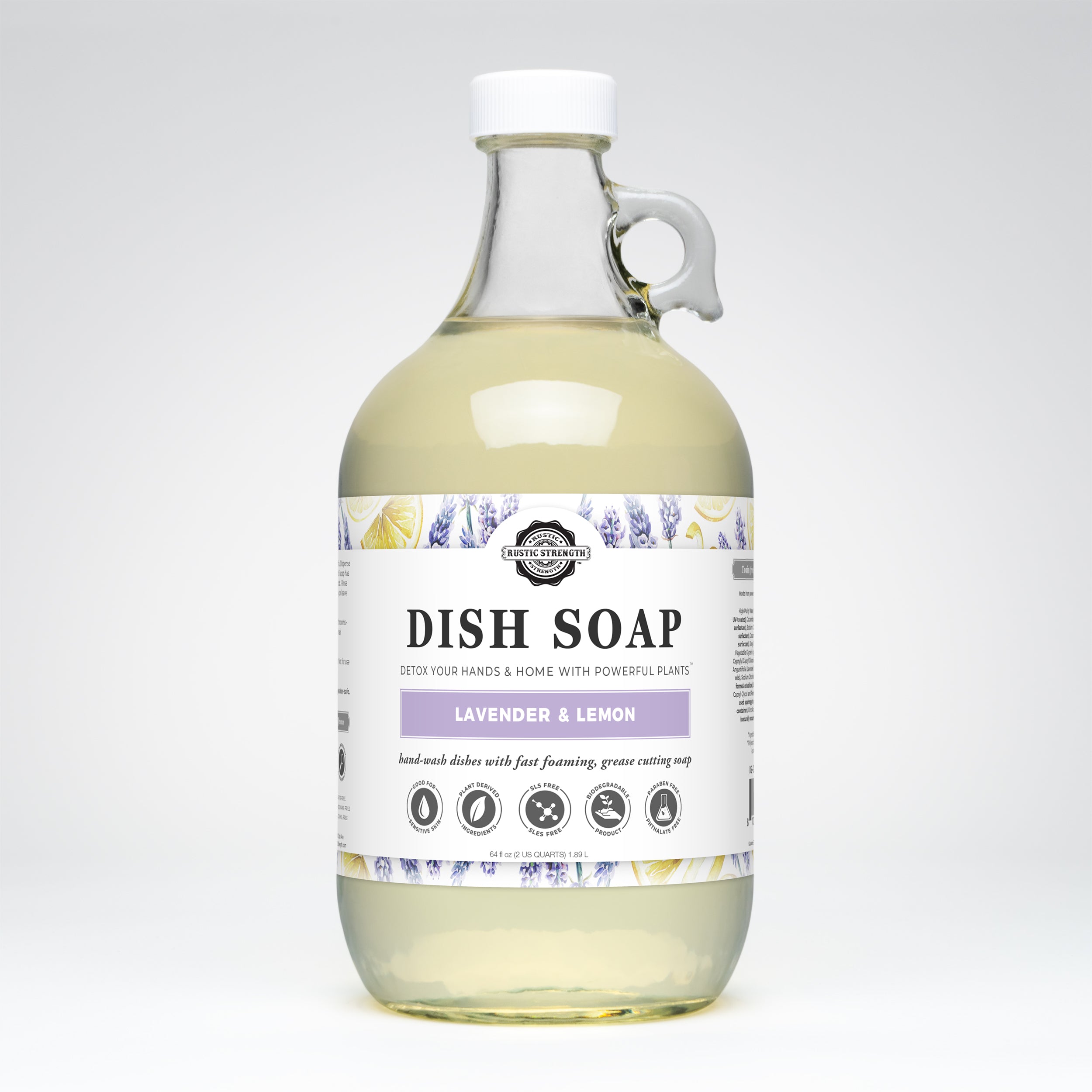 half gallon glass container of lavender lemon dish soap