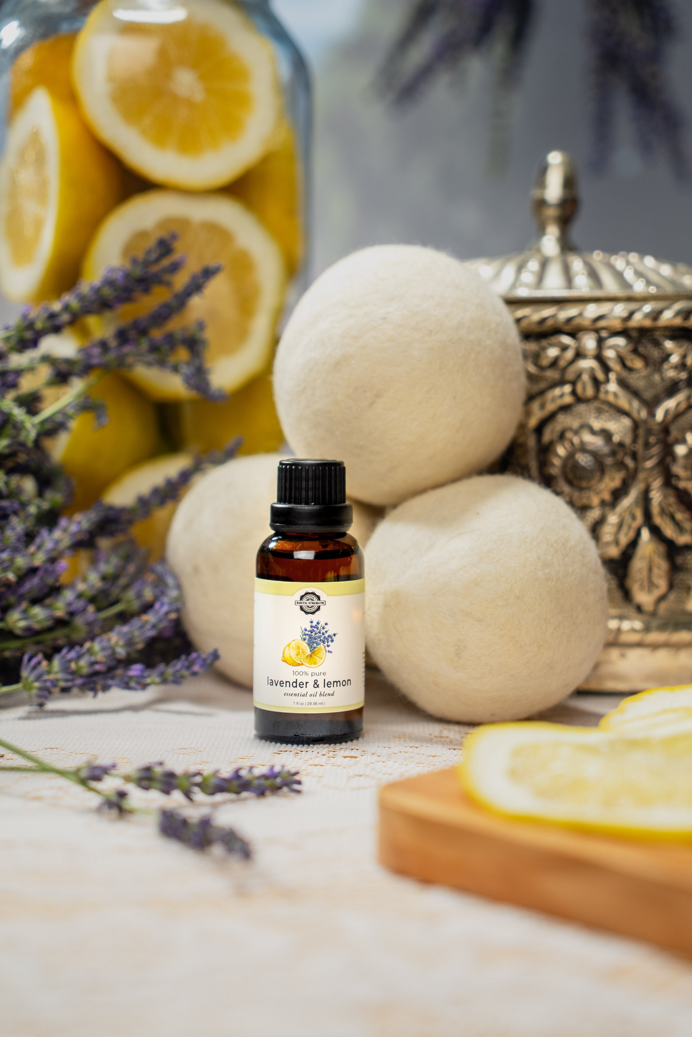 wool dryer balls and lavender lemon essential oils