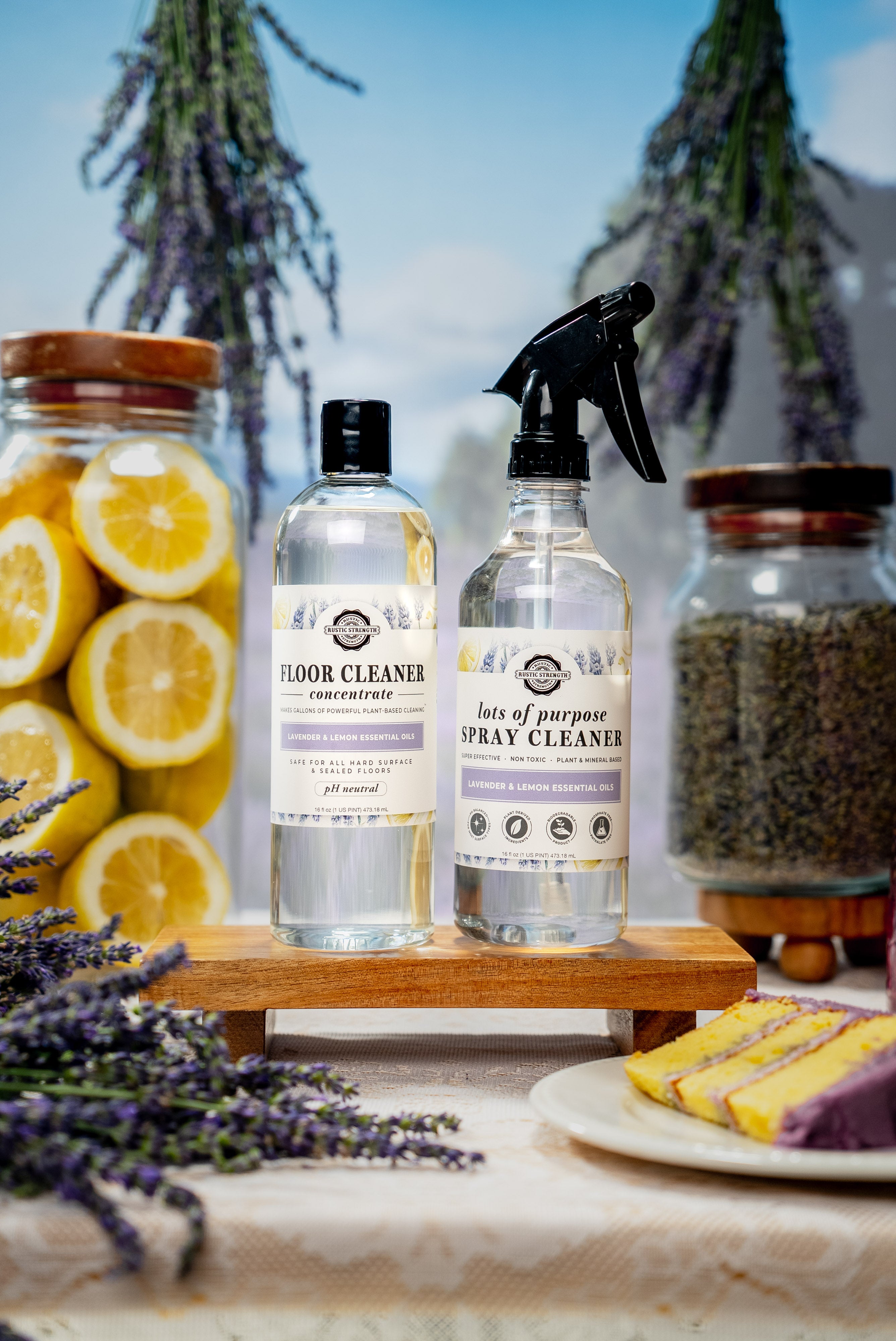 photoshoot image of lavender lemon floor cleaner and ots of purpose spray