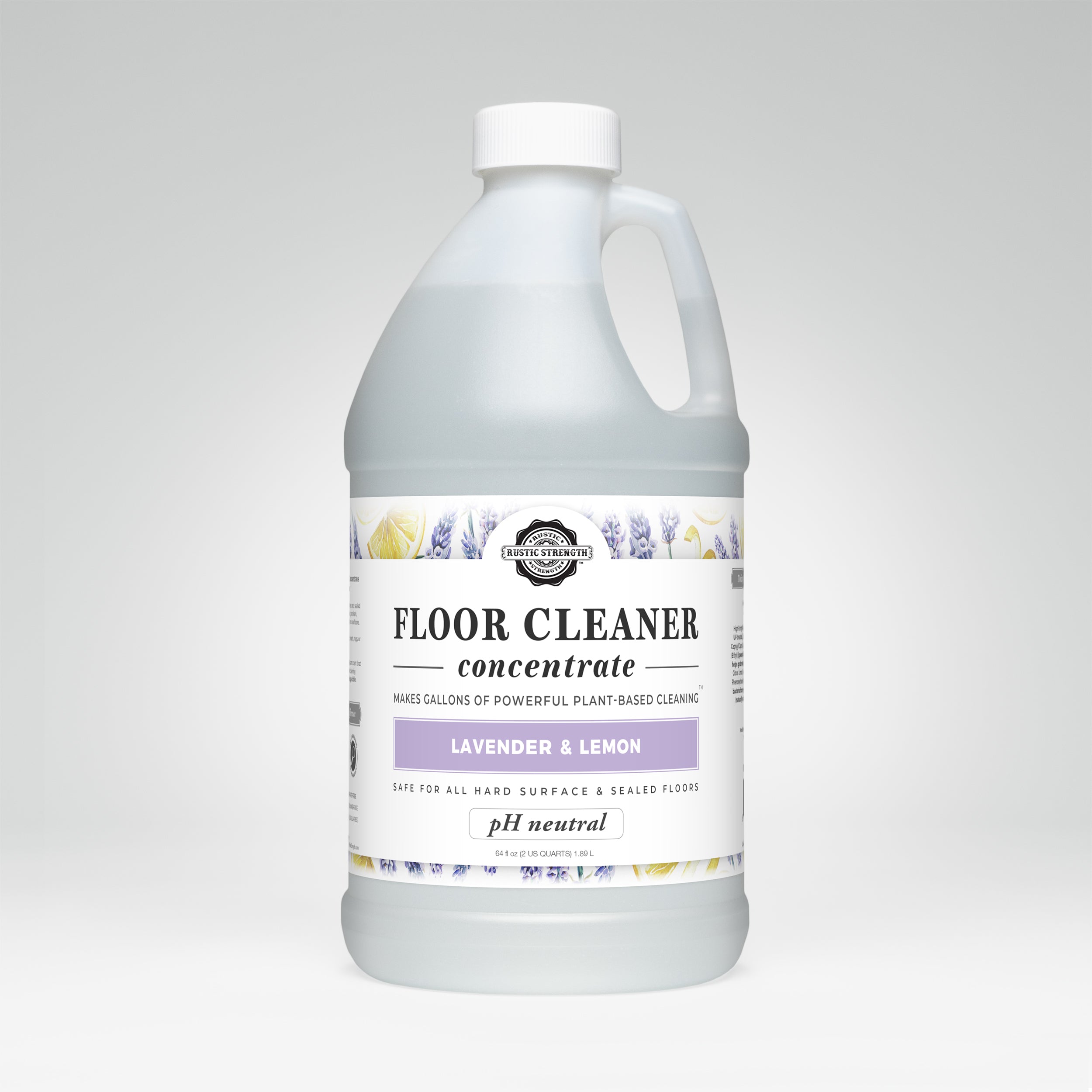half gallon plastic container of lavender lemon floor cleaner