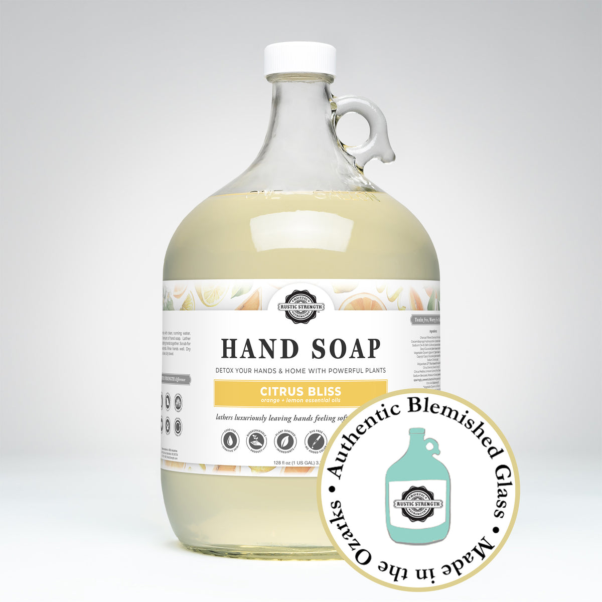 Rustic Strength, Hand Soap, 1 Gallon, Glass Jug, Citrus Bliss with badge that reads, "Authentic Blemished Glass, Made in the Ozarks"