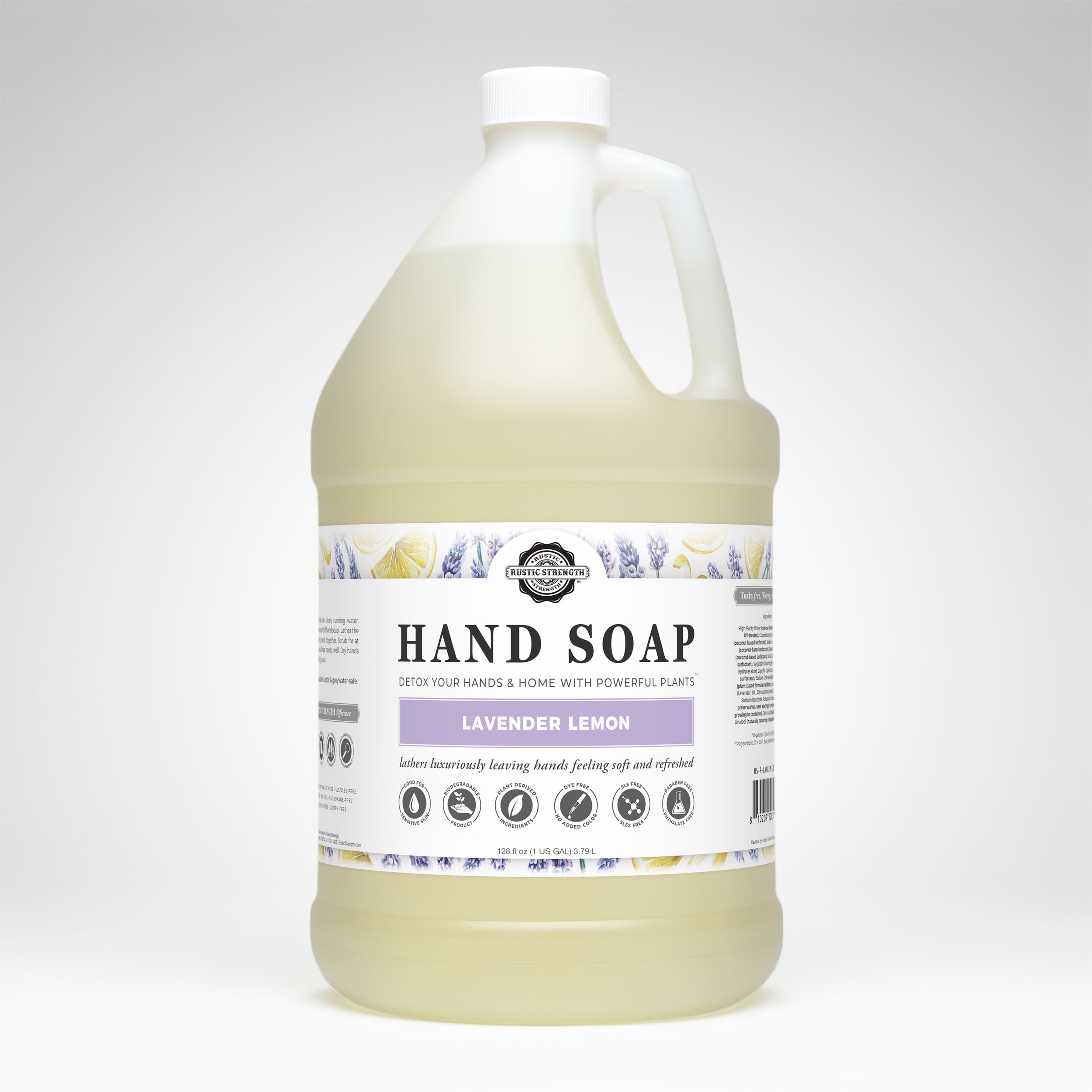 gallon plastic container of lavender lemon hand soap