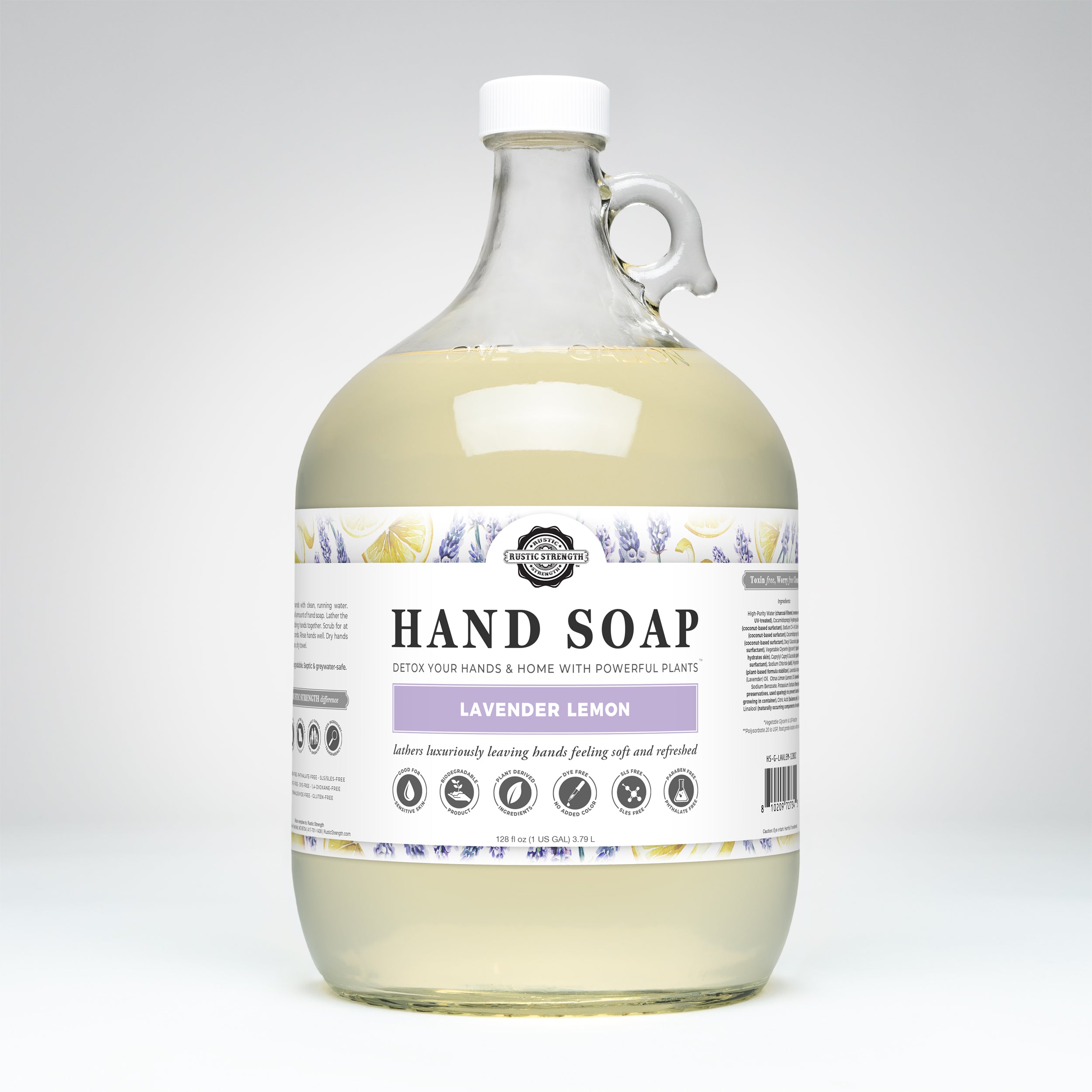 gallon glass container of lavender lemon hand soap