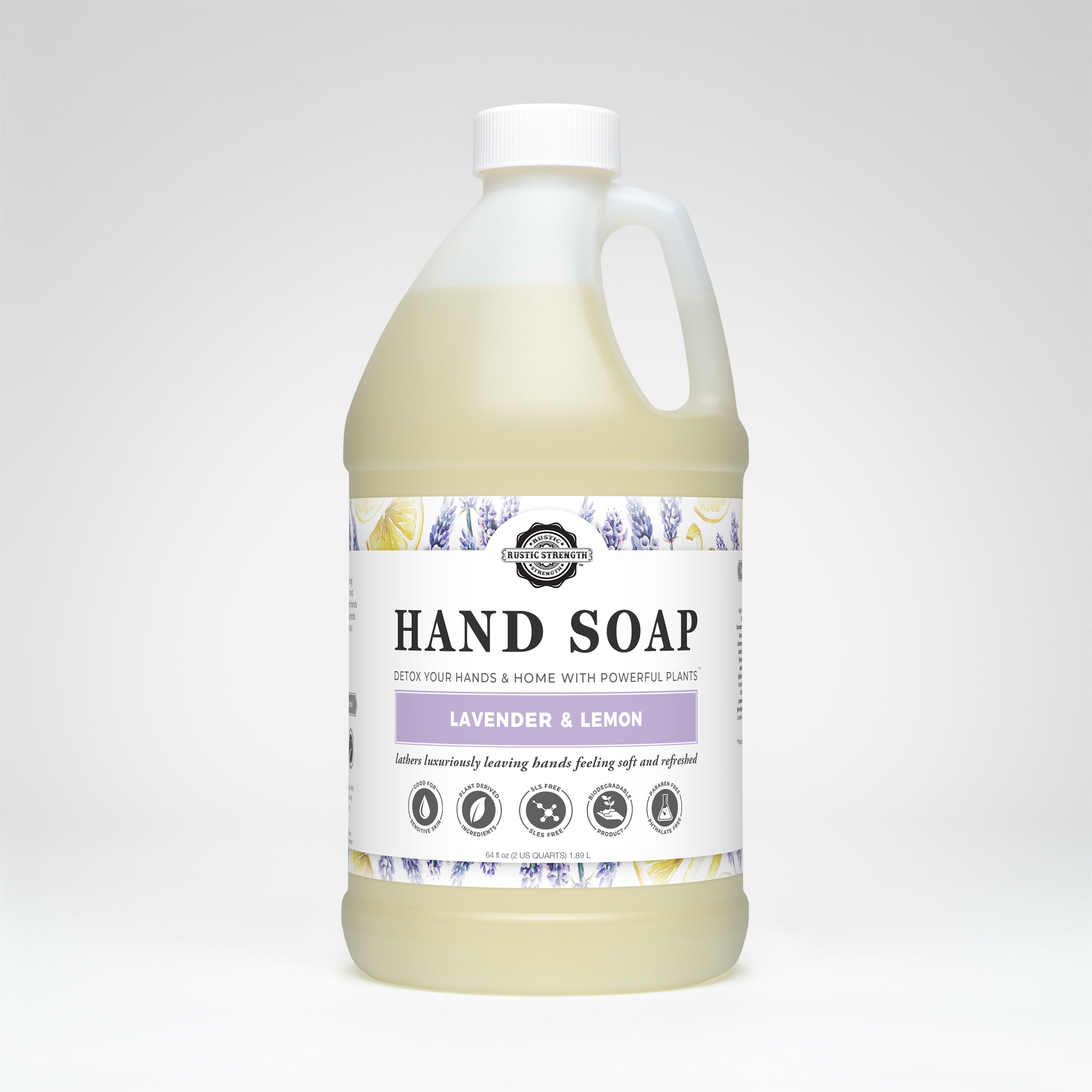 half gallon plastic container of lavender lemon hand soap