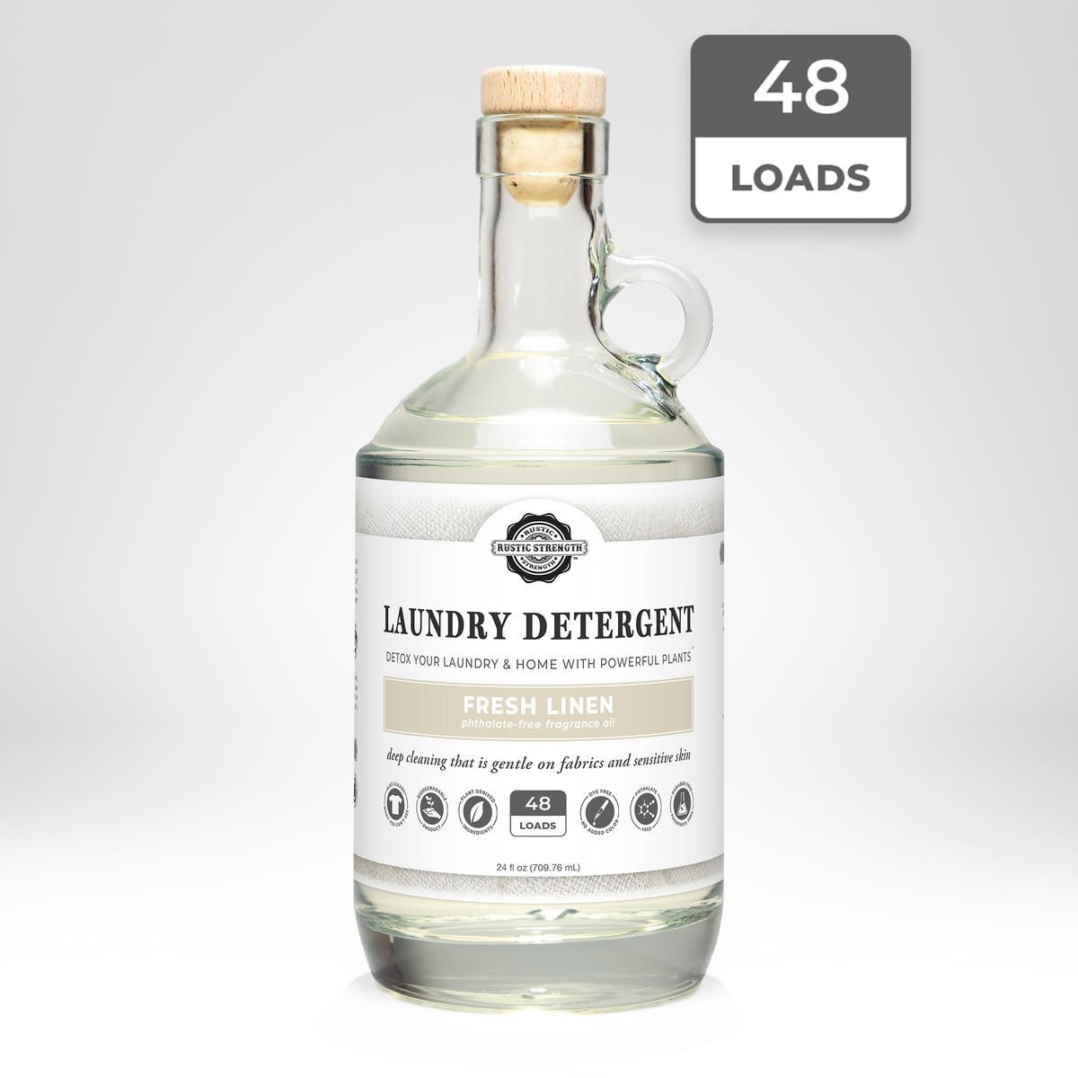 Rustic Strength, Laundry Detergent, 24oz, Glass Jug, Fresh Linen with 48 Loads badge