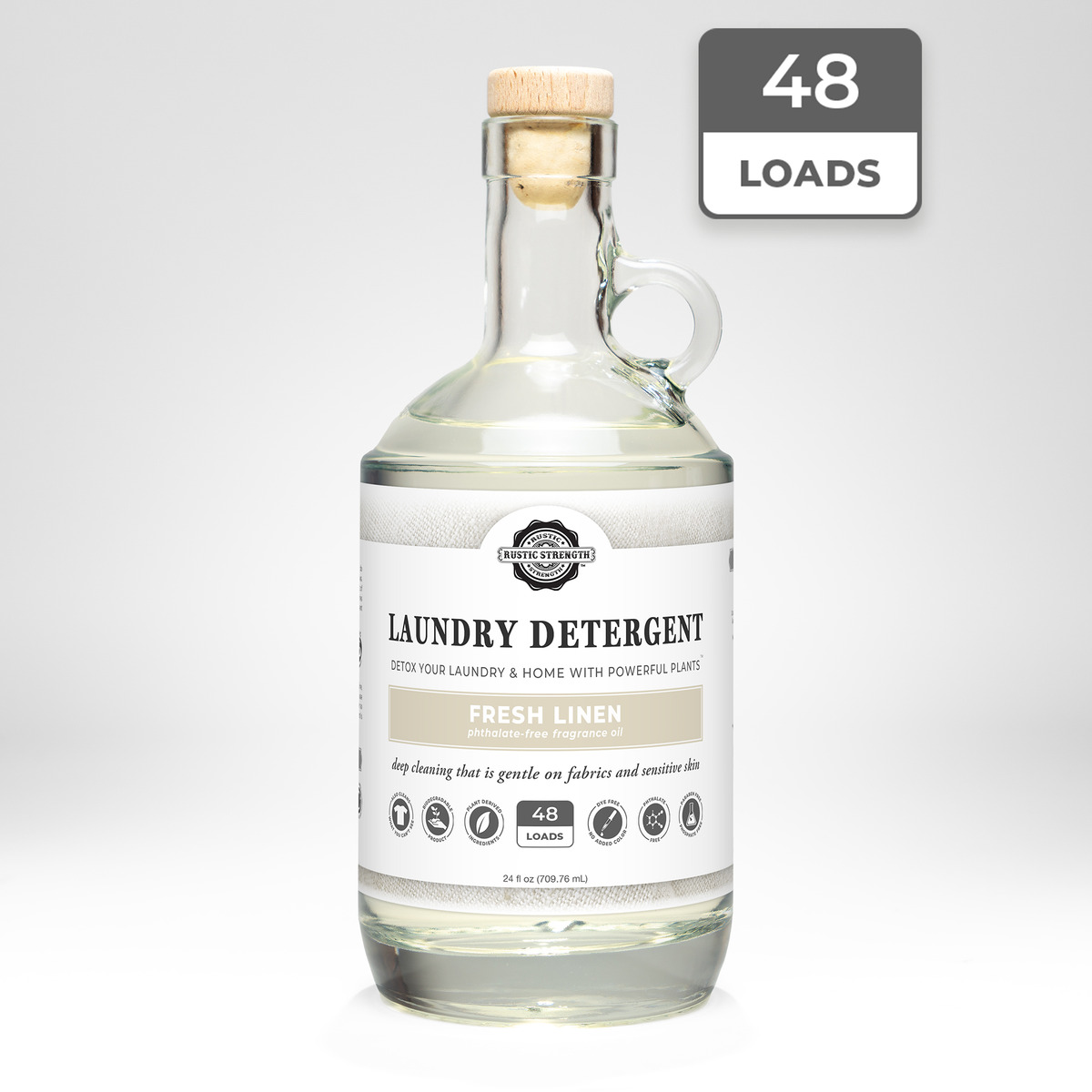 Rustic Strength, Laundry Detergent, 24oz, Glass Jug, Fresh Linen with 48 Loads badge