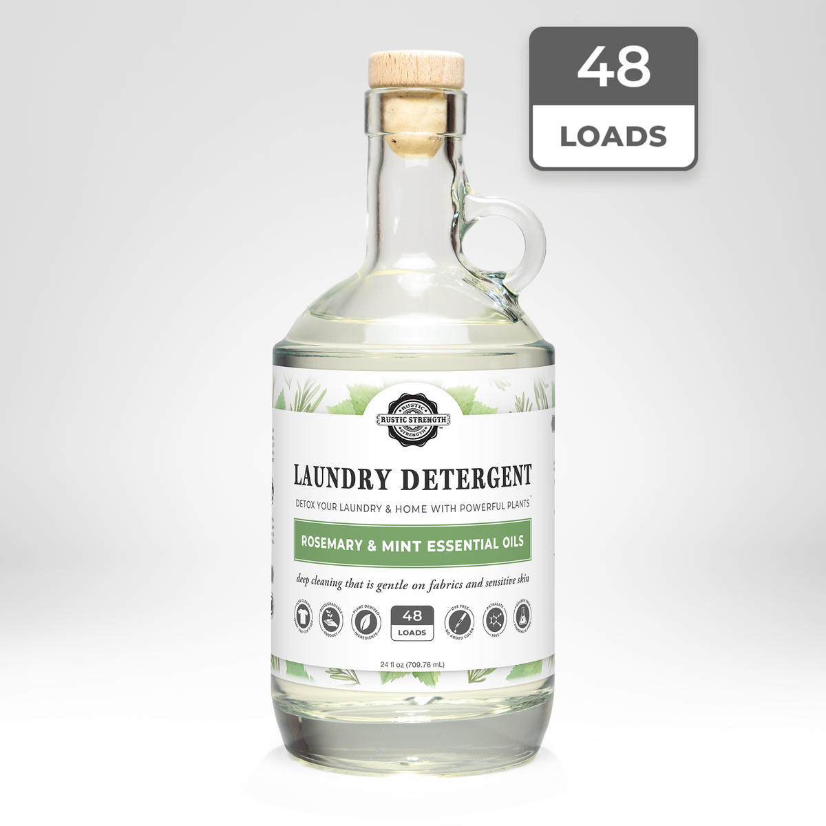 Rustic Strength, Laundry Detergent, 24oz, Glass Jug, Rosemary & Mint with 48 Loads badge