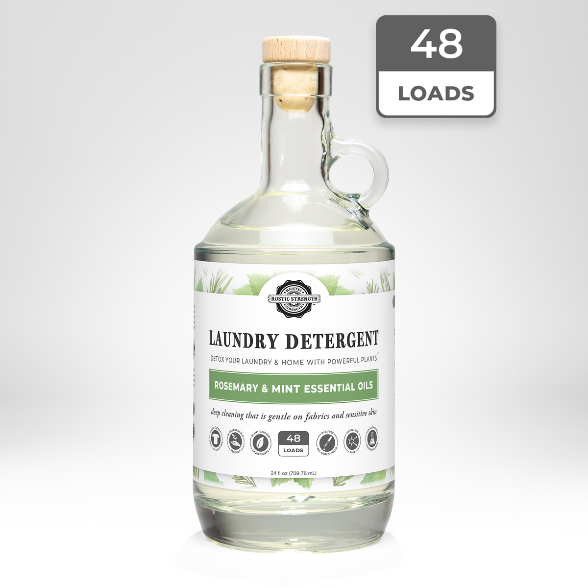 Rustic Strength, Laundry Detergent, 24oz, Glass Jug, Rosemary & Mint with 48 Loads badge